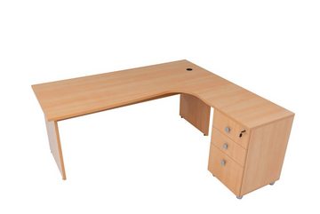 Furni24 Schreibtisch Winkelschreibtisch Dona,Holzfuss,Buche,180 cm, inkl. Beistellcontainer