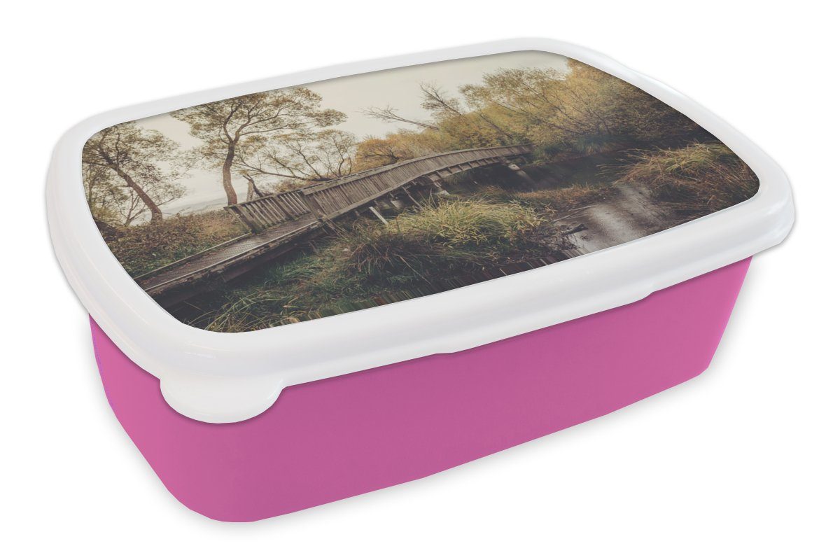MuchoWow Lunchbox Herbst - Brücke - Bäume, Kunststoff, (2-tlg), Brotbox für Erwachsene, Brotdose Kinder, Snackbox, Mädchen, Kunststoff rosa