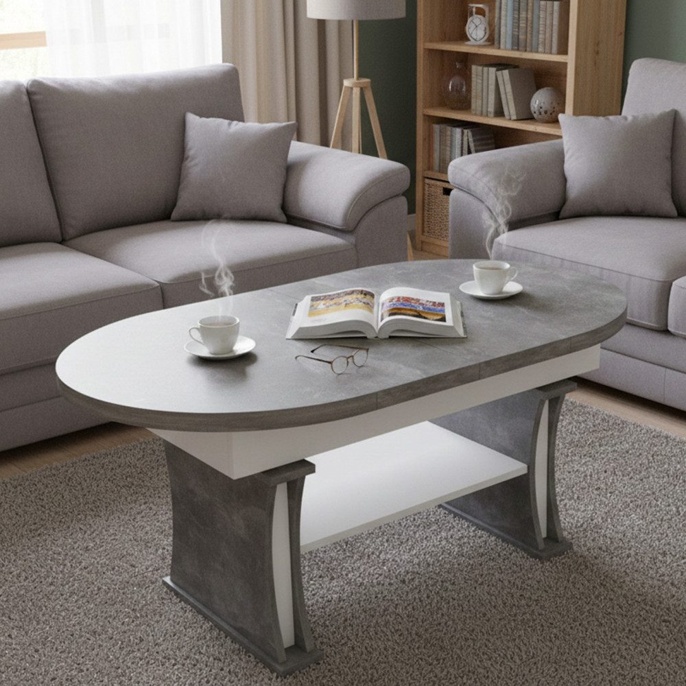 designimpex Couchtisch DA-130 oval ausziehbar höhenverstellbar mit Ablage Wohnzimmer Tisch, Funktionstisch, Wohnzimmertisch, Tisch, Esstisch, Sofatisch, Rollen
