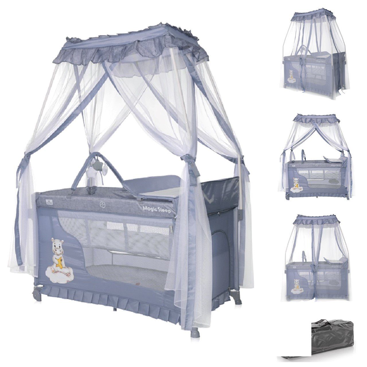 Lorelli Baby-Reisebett Reisebett, Laufstall Magic Sleep, 2 Ebenen Baldachin Mobile Wickelauflage faltbar