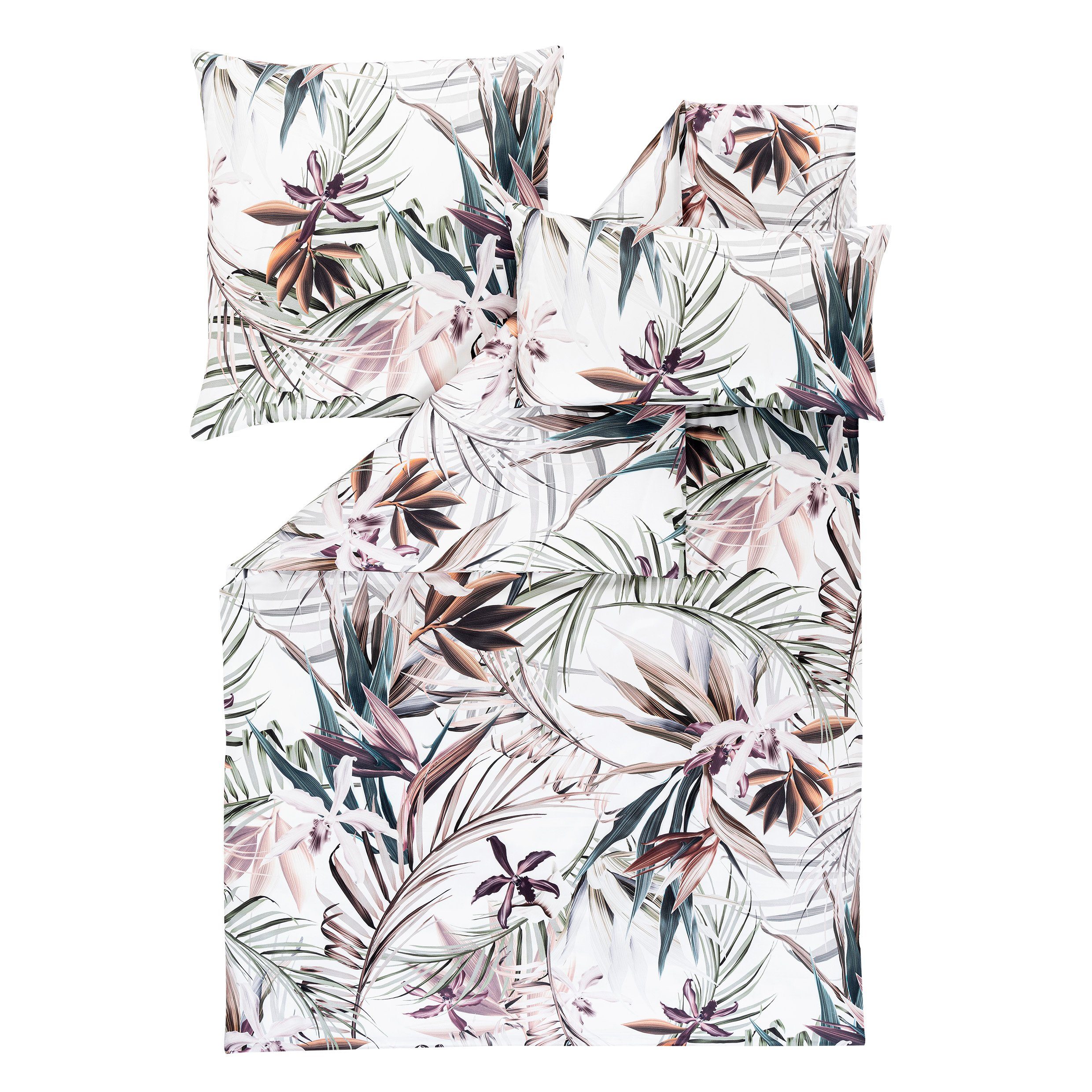 Estella Bettwäsche Estella Mako-Satin Bettwäsche 135x200 Kaia verde Palmen Blätter Blüten, Mako-Satin, 2 teilig