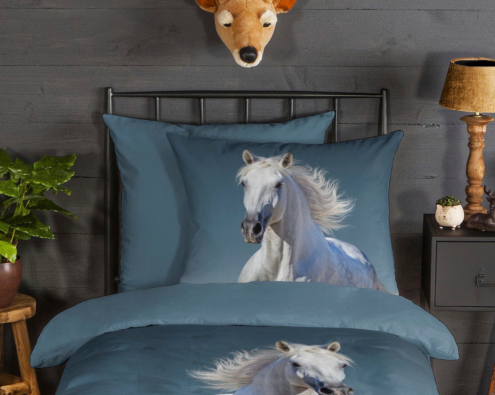 good morning Kinderbettwäsche Star, Biber, 2 teilig, Biber, 135x200, Winter, Warm, Reißverschluss, Wendeoptik, Kind, Pferd