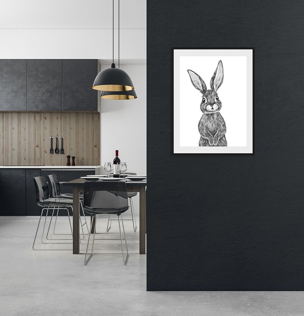 queence Bild Helmi, Hase, Hasen, Haustiere, Kunst, Schwarz-Weiß (1 St), HD Premium Poster-Druck inkl. Holzrahmen