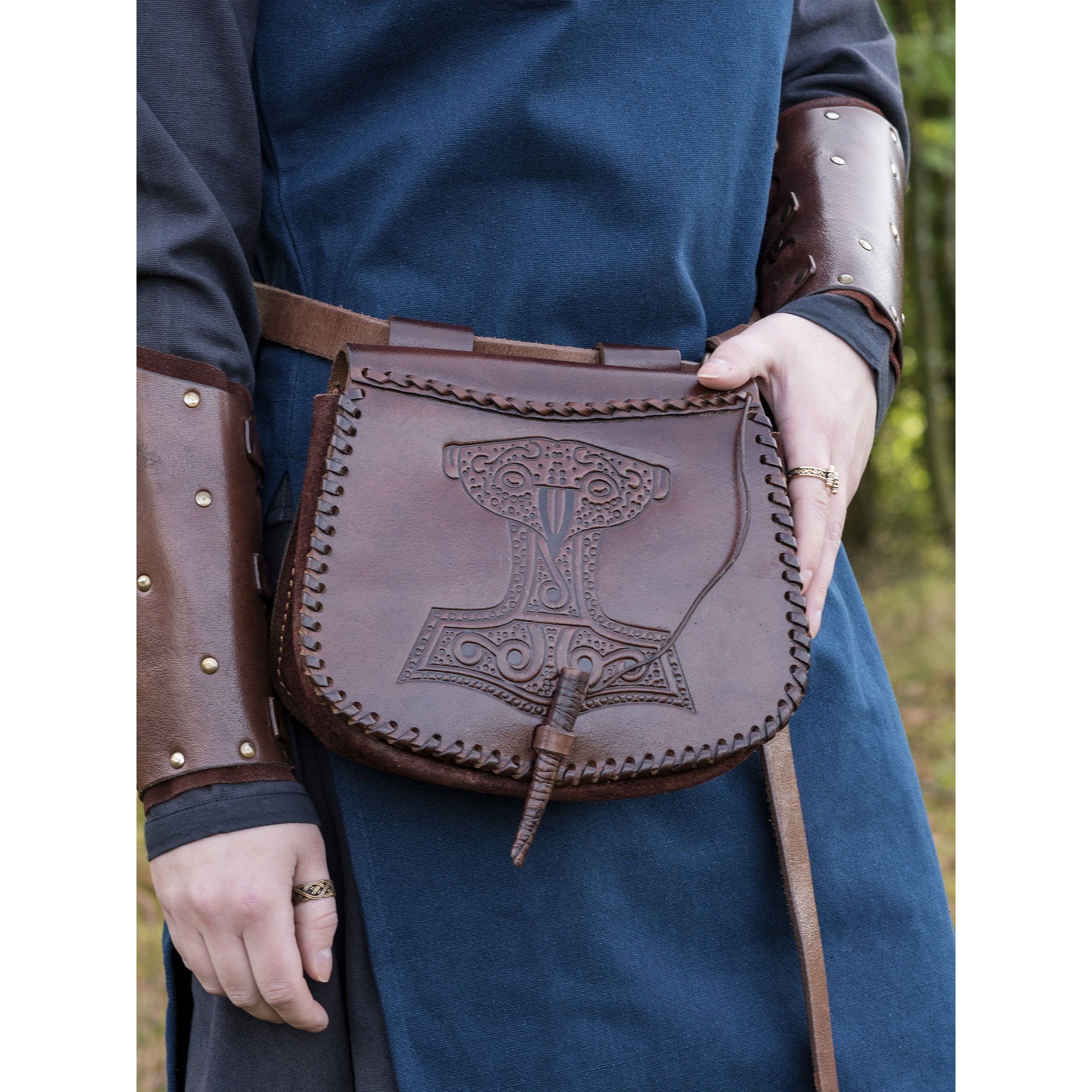 Battle Merchant Ritter-Kostüm Gürteltasche mit Thorshammer-Prägung, Leder