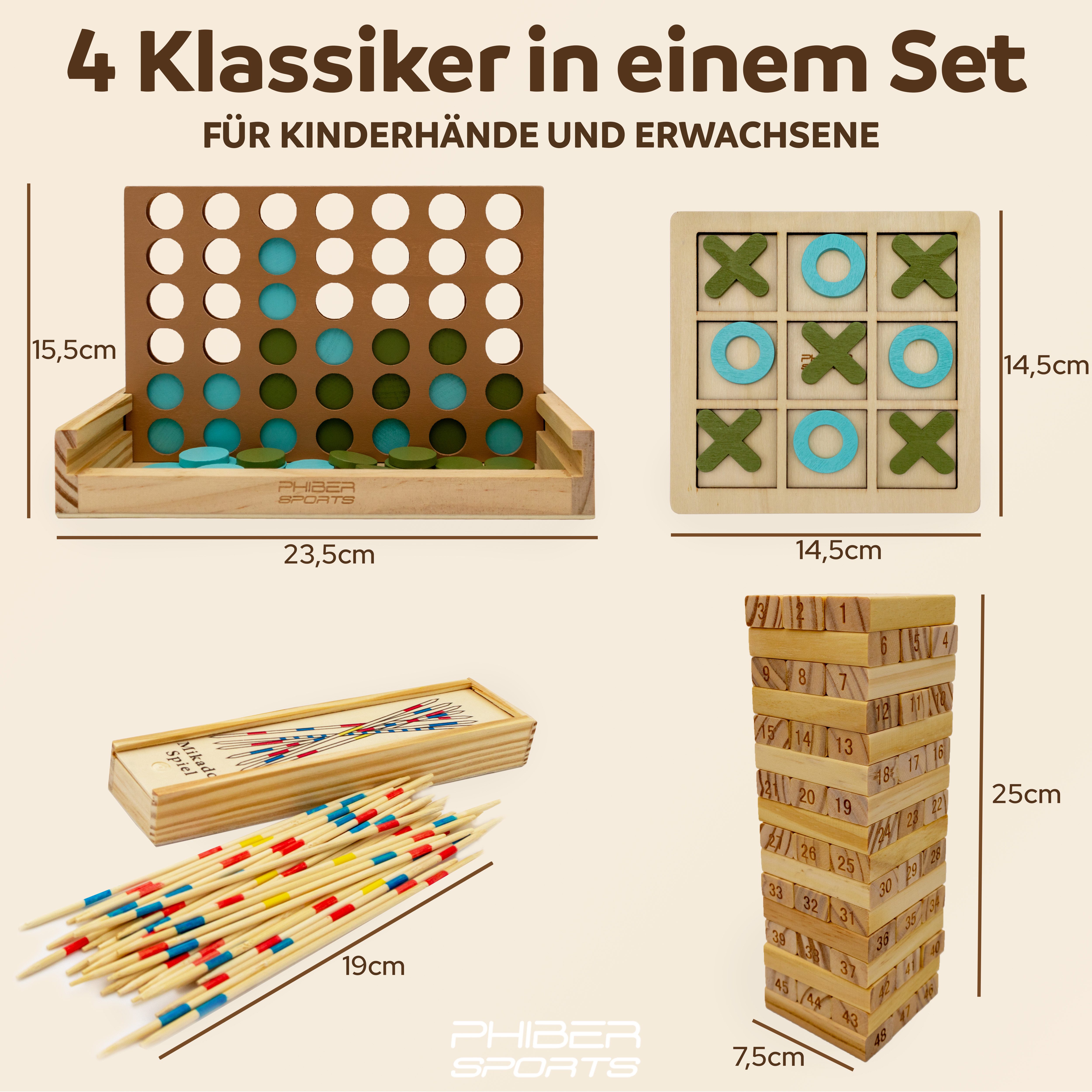 PHIBER-SPORTS Spielesammlung 4-in-1 aus Holz: Wackelturm, Vier-in-Einer-Reihe, Tic Tac Toe & Mikado, Kinder & Erwachsene - Robust, Langlebig & Plastikfrei, Holzturm 4 Spiel
