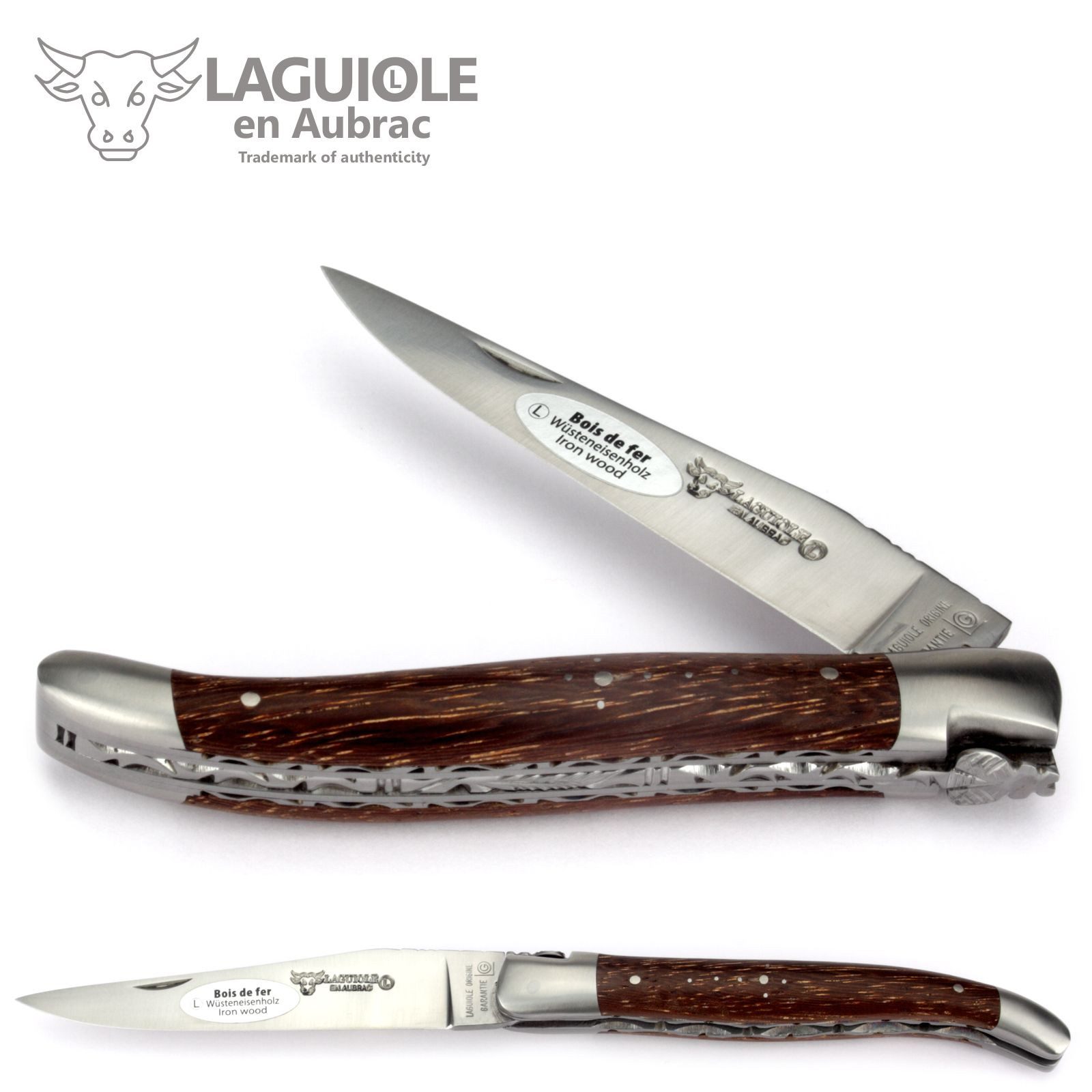 Laguiole en Aubrac Taschenmesser L0712ZOI/FSB1, Griff 12cm Wüsteneisenholz - Doppelplatine - Klinge Backen Stahl matt