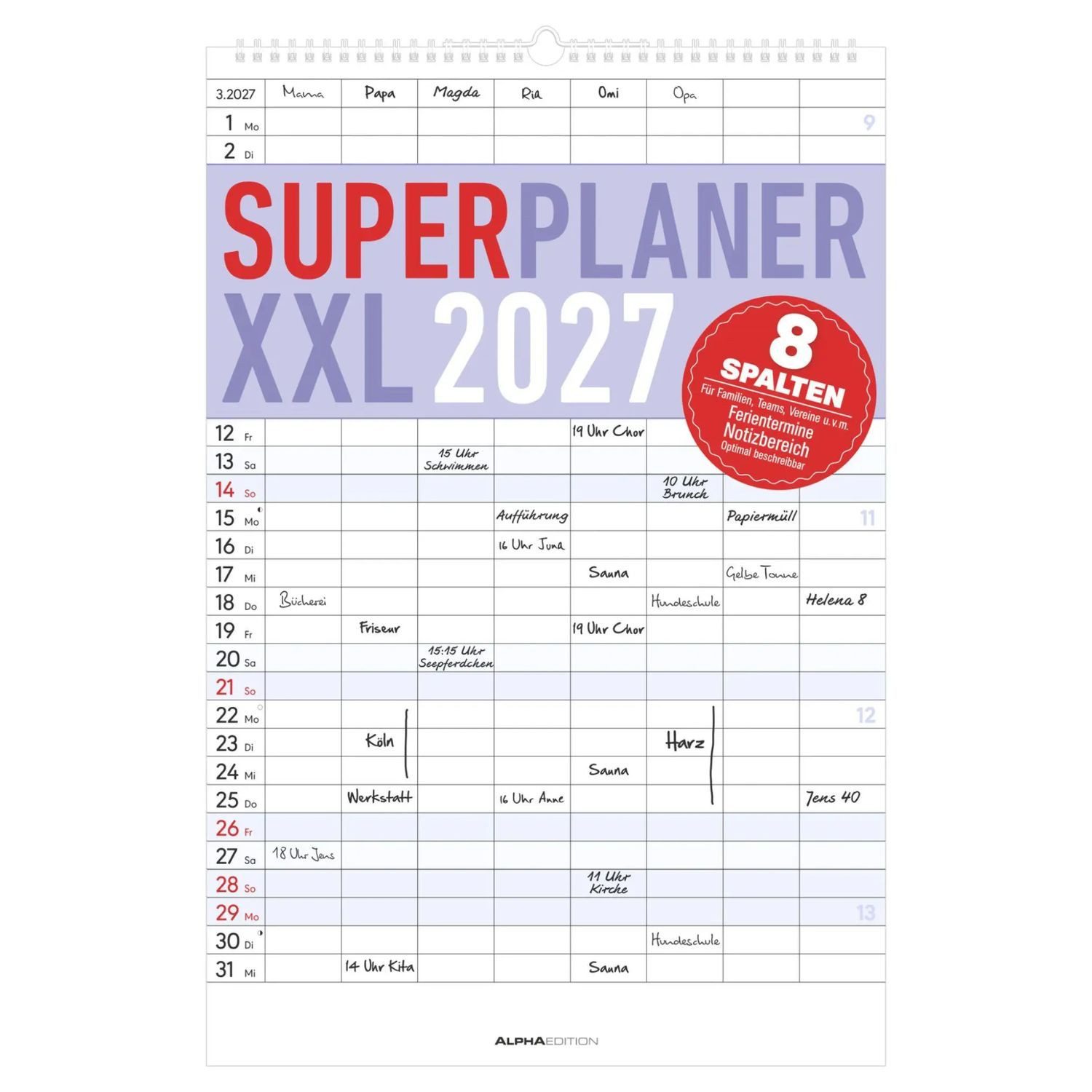 Wandkalender Superplaner XXL 8 Spalten 2027
