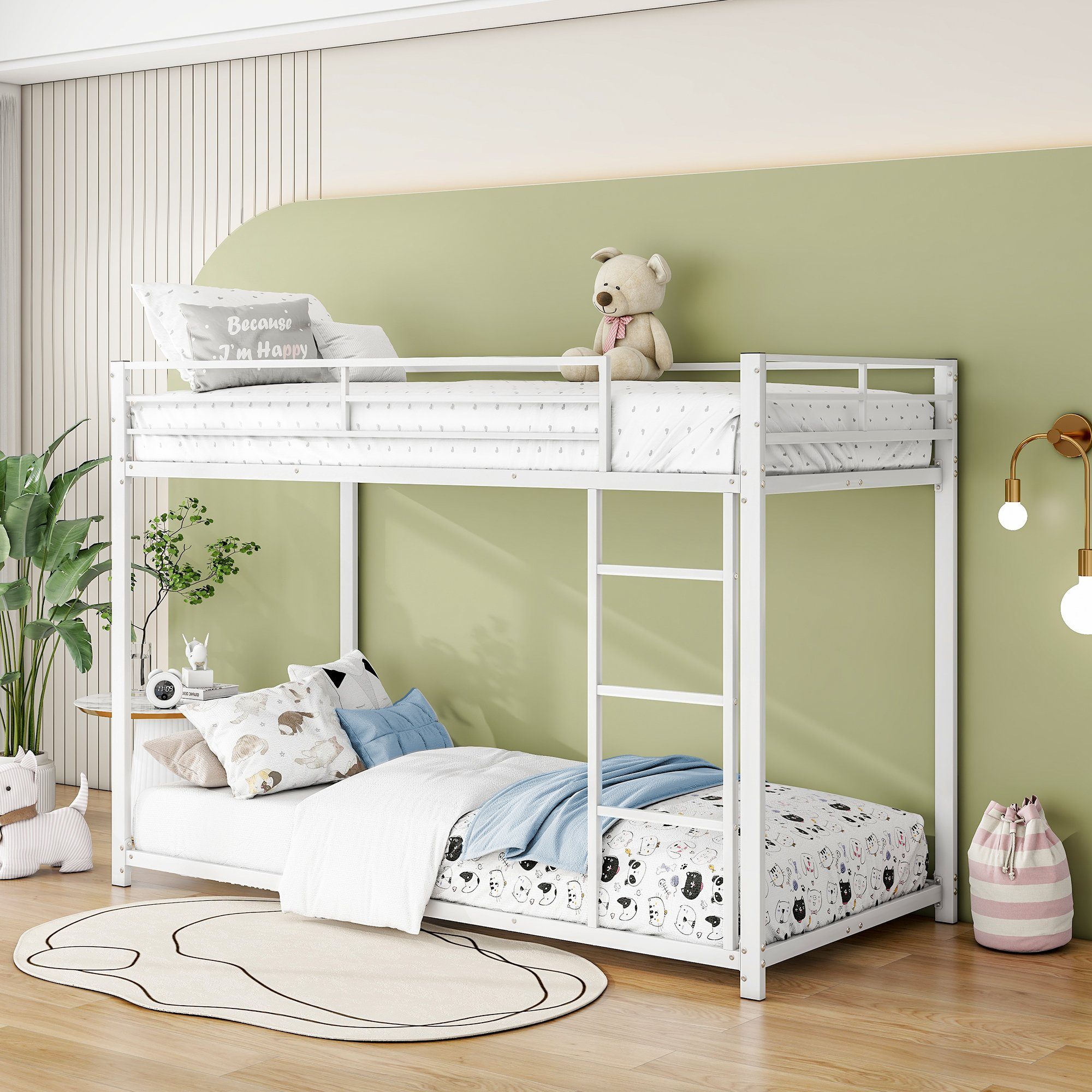 Flieks Etagenbett, Kinderbett Metallbett Einzelbett mit Lattenrost und Leiter 90x200cm weiß