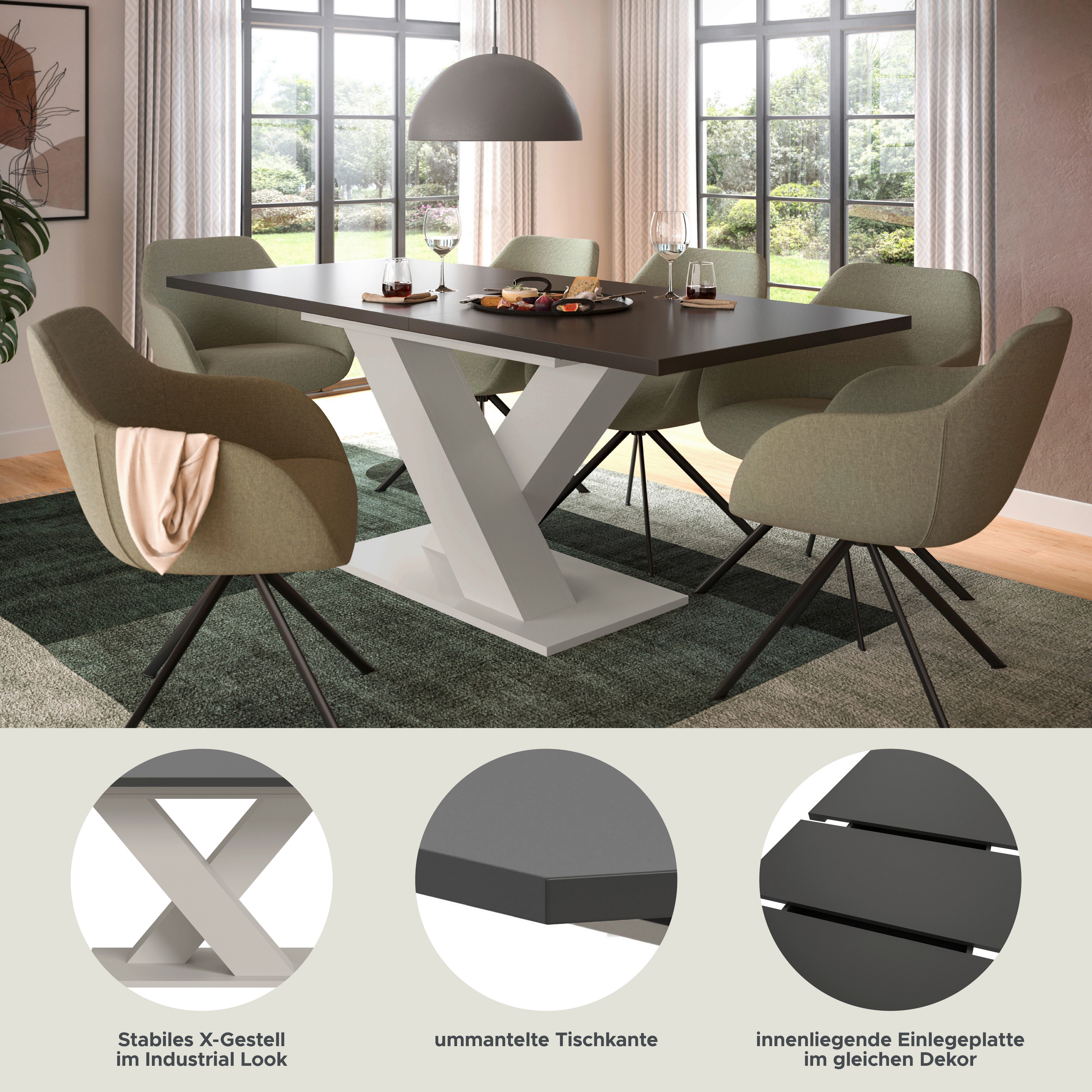 Home affaire Esstisch Motus, ausziehbar 150 -190 cm, inklusive 40 cm Einlegeplatte (Set, 1-St), X-Gestell mit Bodenplatte, Tisch, Küchentisch, Esszimmer, Küche