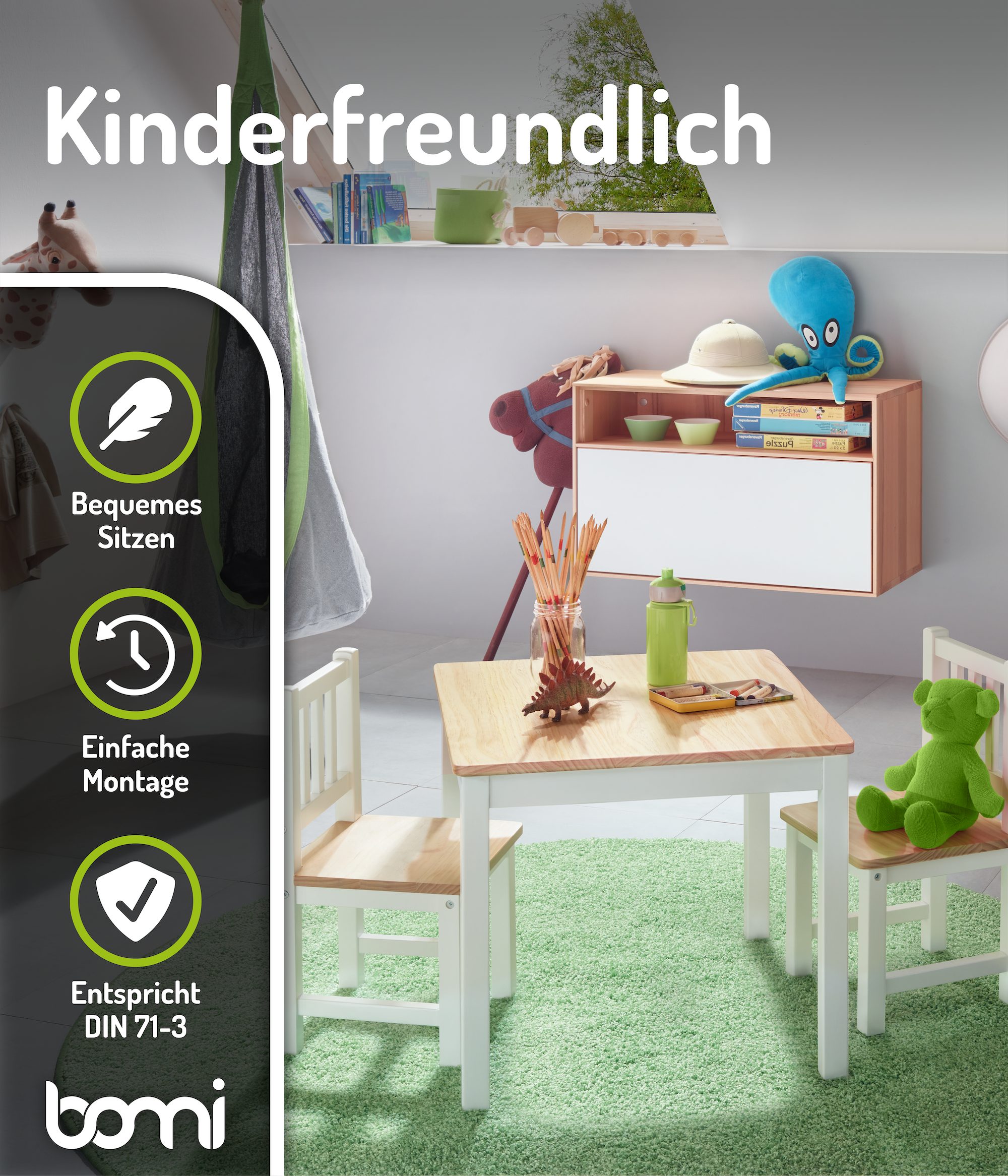 BOMI Kindersitzgruppe Holzsitzgruppe Amy, (Set, 3-tlg., oder 5 tlg. erhältlich), Kindertischgruppe, Tisch & Stühle Kinderzimmer, als Spiel- & Maltisch – Bild 5 von 5
