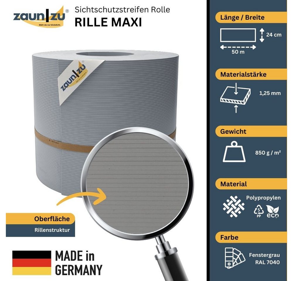 Thumbnail - zaunzu Sichtschutzstreifen Rille Maxi Rolle für Doppelstabmatten 24cm hoch Fenstergrau 50m, (1x Rolle Zaunblende, 24cm h...