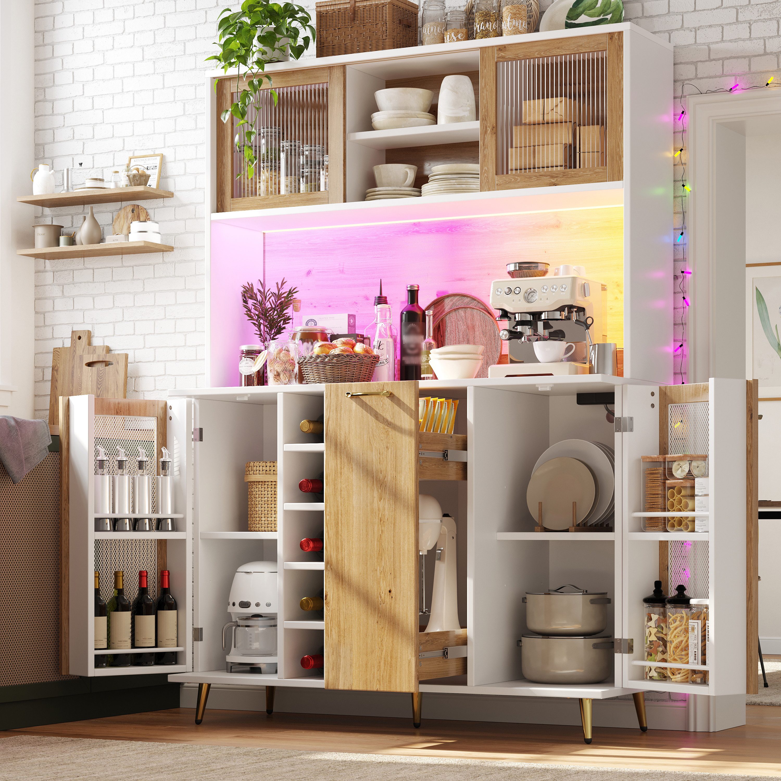 HAUSS SPOLE Sideboard mit LED&Steckdose,Wohnzimmerschrank Buffetschrank für Küche/Esszimmer (Aufbewahrungsschrank mit vier unabhängige Schränke, aus hochwertigen MDF-Platten), für Haushalte mit Haustieren oder Kindern