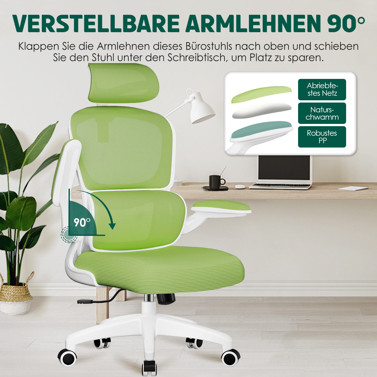 Fukstern Bürostuhl Ergonomischer Bürostuhl mit 90° klappbaren Armlehnen (Verstellbare Kopfstütze, atmungsaktiver Mesh-Bezug, Rücken- und Taillenstütze, Neigung  – Bild 5 von 5