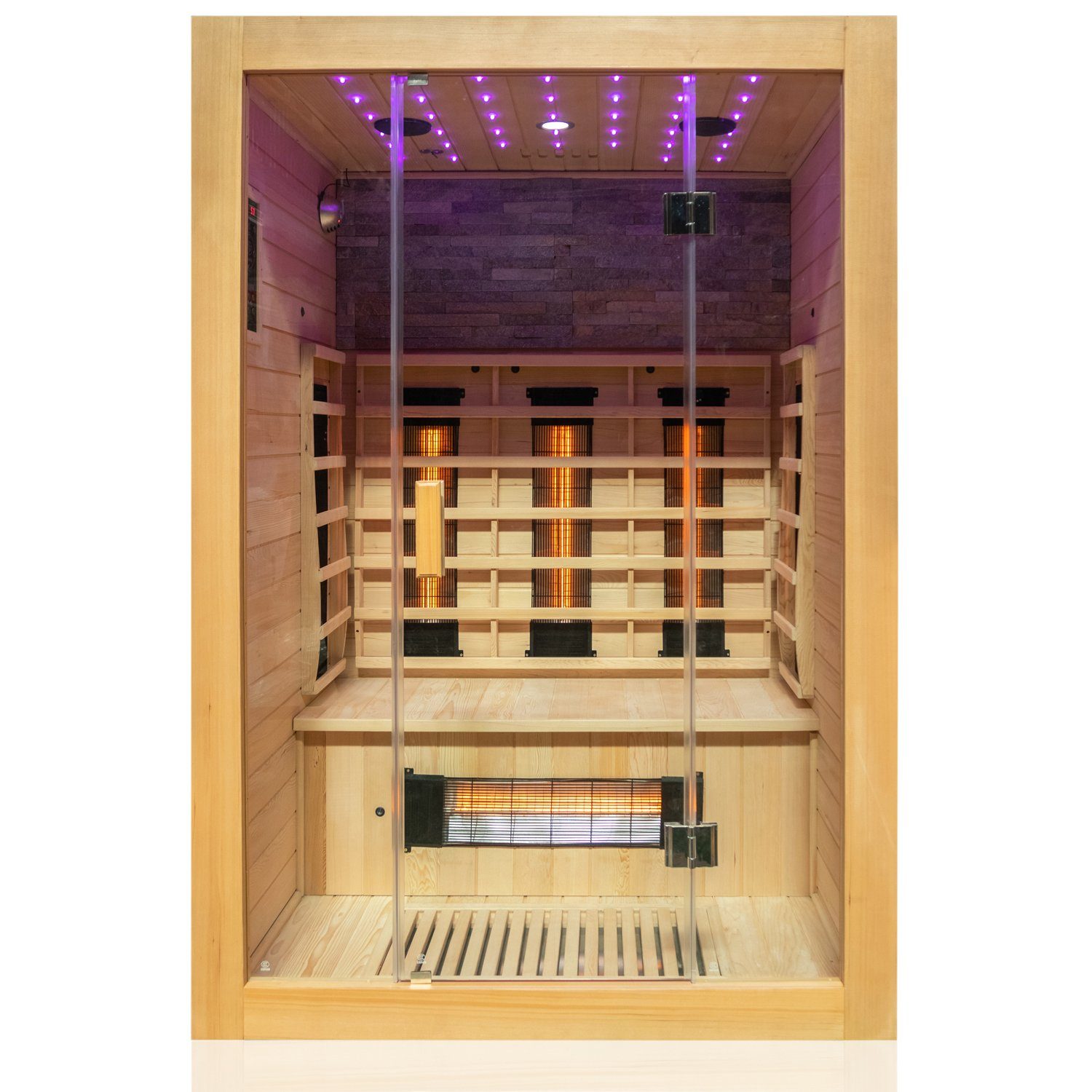 Dewello Infrarotkabine MILTON Wärmekabine, für bis zu 2 Personen, 6 Vollspektrumstrahler, BxTxH: 135 x 105 x 190 cm, (mit Farblichttherapie, Ionisator, Ozondesinfektion und Aromatherapie, Multimedia und zusätzlich USB-Anschluss & Bluetooth möglich) Sauna aus Hemlock-Tannenholz, leichter Aufbau dank Stecksystem