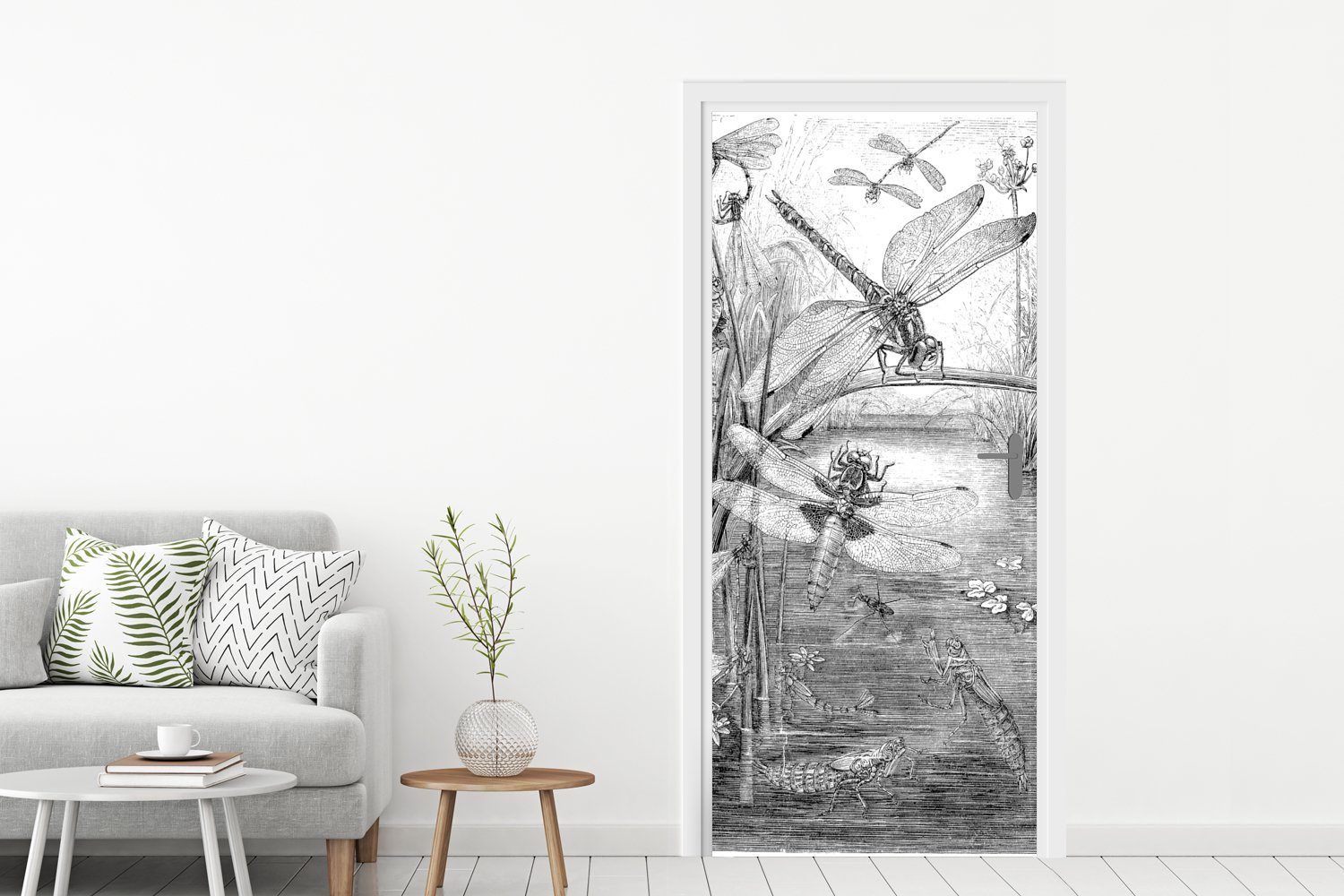 MuchoWow Türtapete Eine schwarz-weiße Illustration (1 cm Türaufkleber, Fototapete Matt, Libellen, 75x205 St), Tür, einiger für bedruckt