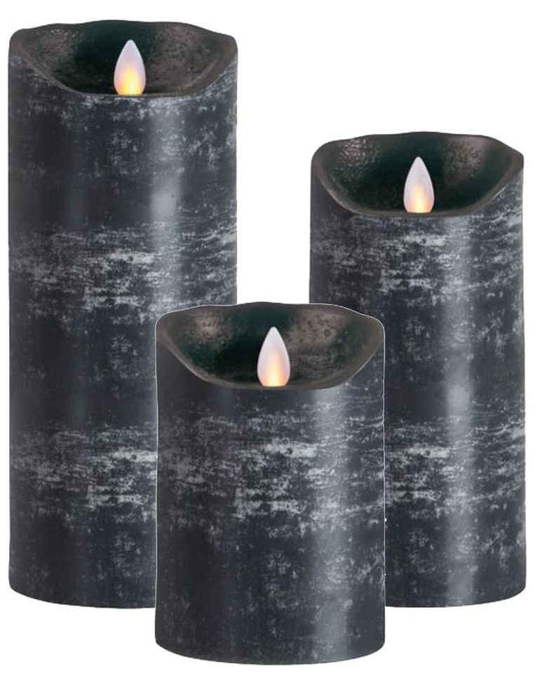 SOMPEX LED-Kerze 3er Set Flame LED Kerzen anthrazit 12,5/18/23cm (Set, 3-tlg., 3 Kerzen, Höhe 12,5/18/23cm (je 8cm Durchmesser), mit Timer, Echtwachs, täuschend echtes Kerzenlicht