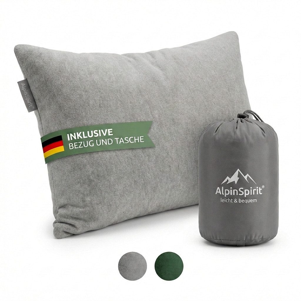 AlpinSpirit Reisekissen AlpinSpirit Camping und Reisekissen [100% Baumwollbezug] waschbar, Atmungsaktiv, Memory Foam Füllung, kleines Packmaß, Travel Pillow