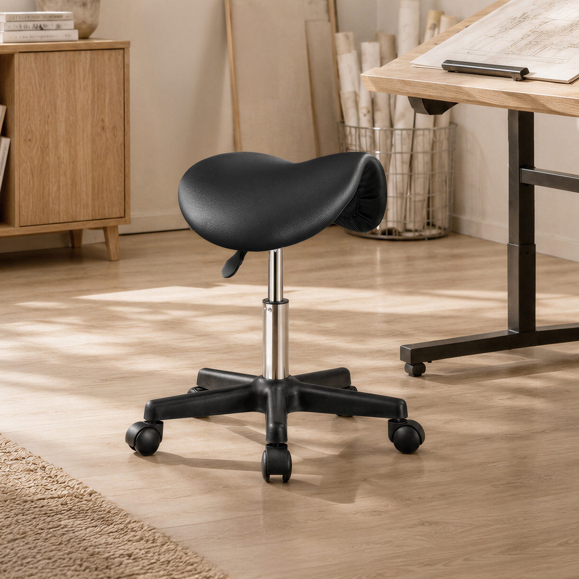 SONGMICS Arbeitshocker Sattelhocker, Höhenverstellbar, 360° Drehbar, bis 150 kg, für Büro, Ergonomischer Arbeitsstuhl aus PU-Leder, 56 x 56 x 45-61 cm