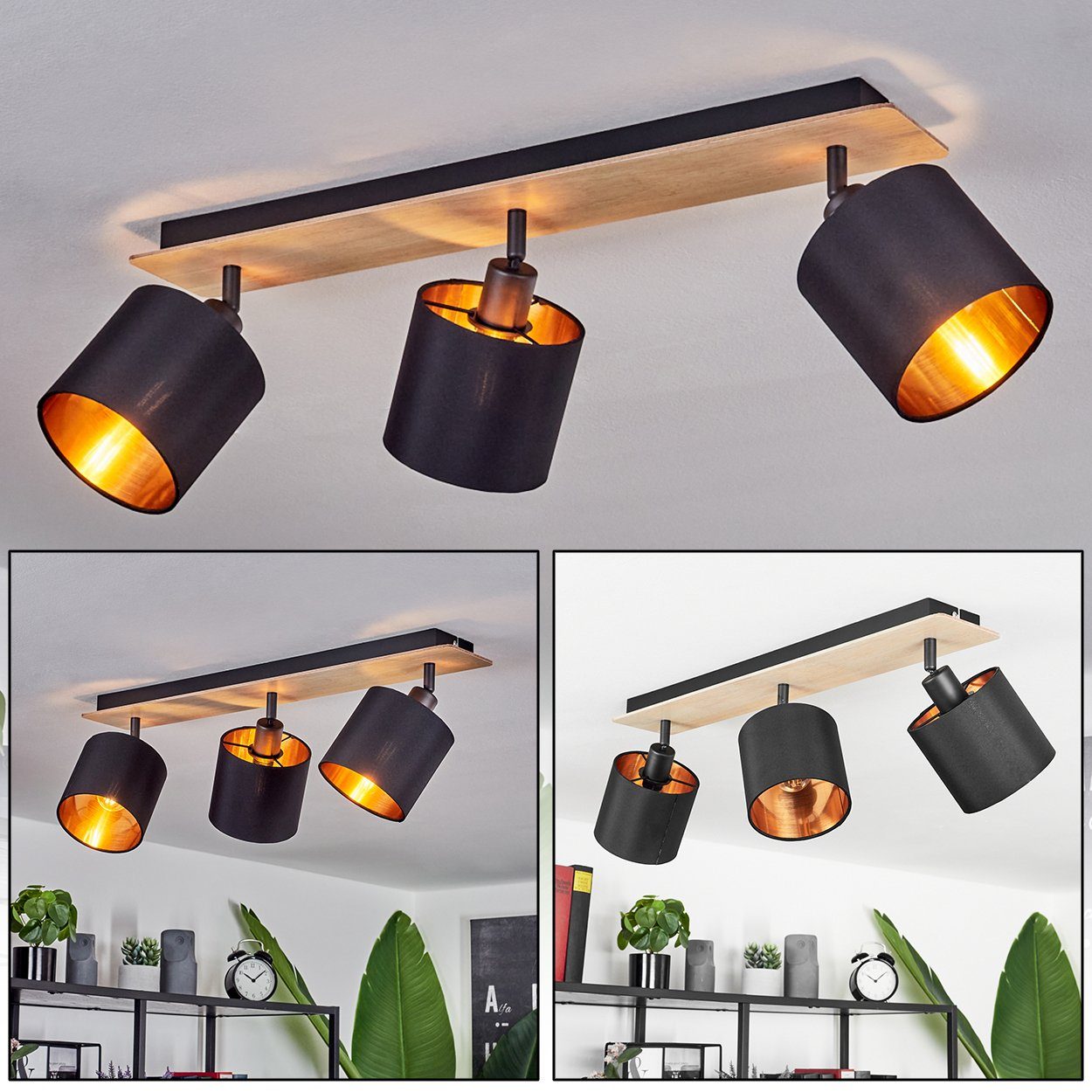 hofstein Deckenleuchte »Costa« Deckenlampe, Holz/Metall/Stoff, Hellbraun/Schwarz/Kupferfarben, ohne Leuchtmittel, Leuchte im skandinavischen Design mit verstellbaren Schirmen, 3xE14