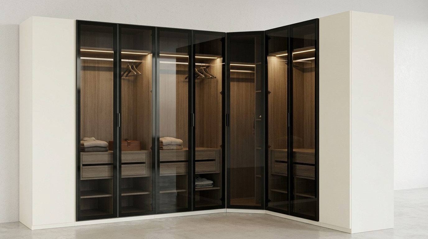 JVmoebel Eckkleiderschrank Eckkleiderschrank Beige Modern Edel Eckschrank Glasschrank Schrank Made in Europa