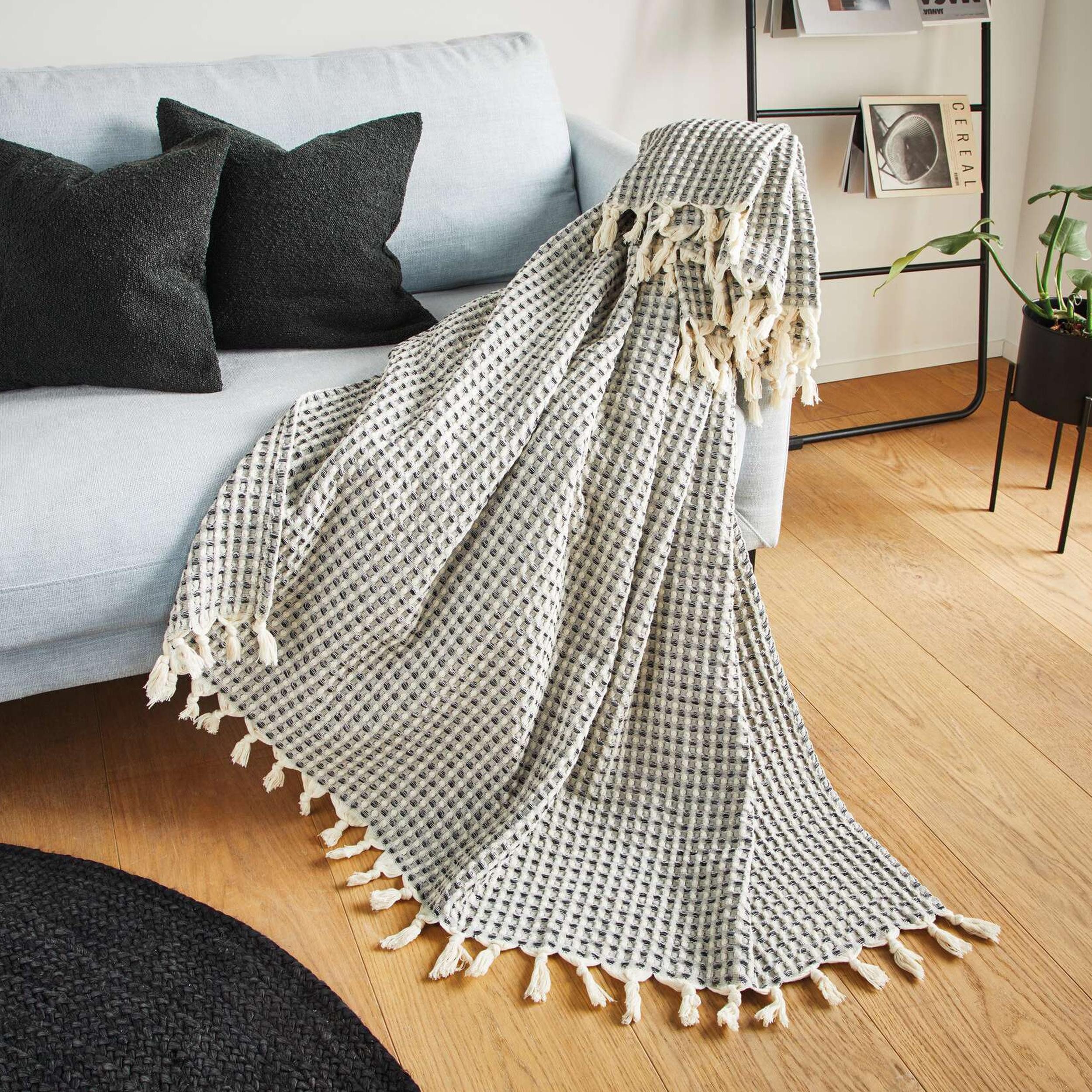 Wohndecke Kuscheldecke Waffelpiqué Baumwolle schwarz/natur – Sofadecke, Frank Flechtwaren