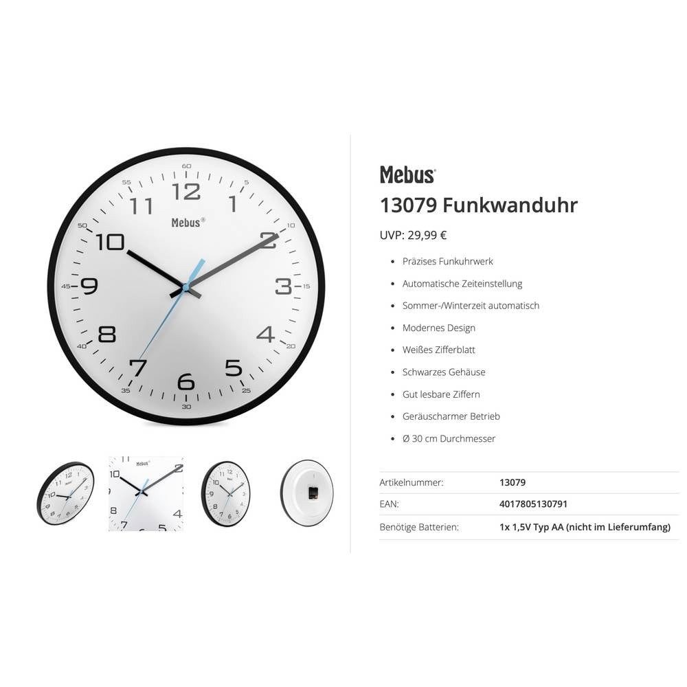 Mebus Wanduhr 13079 Funk Funkuhr 30 cm Schwarz Leisegang-Uhrwerk (Leisegang-Uhrwerk)