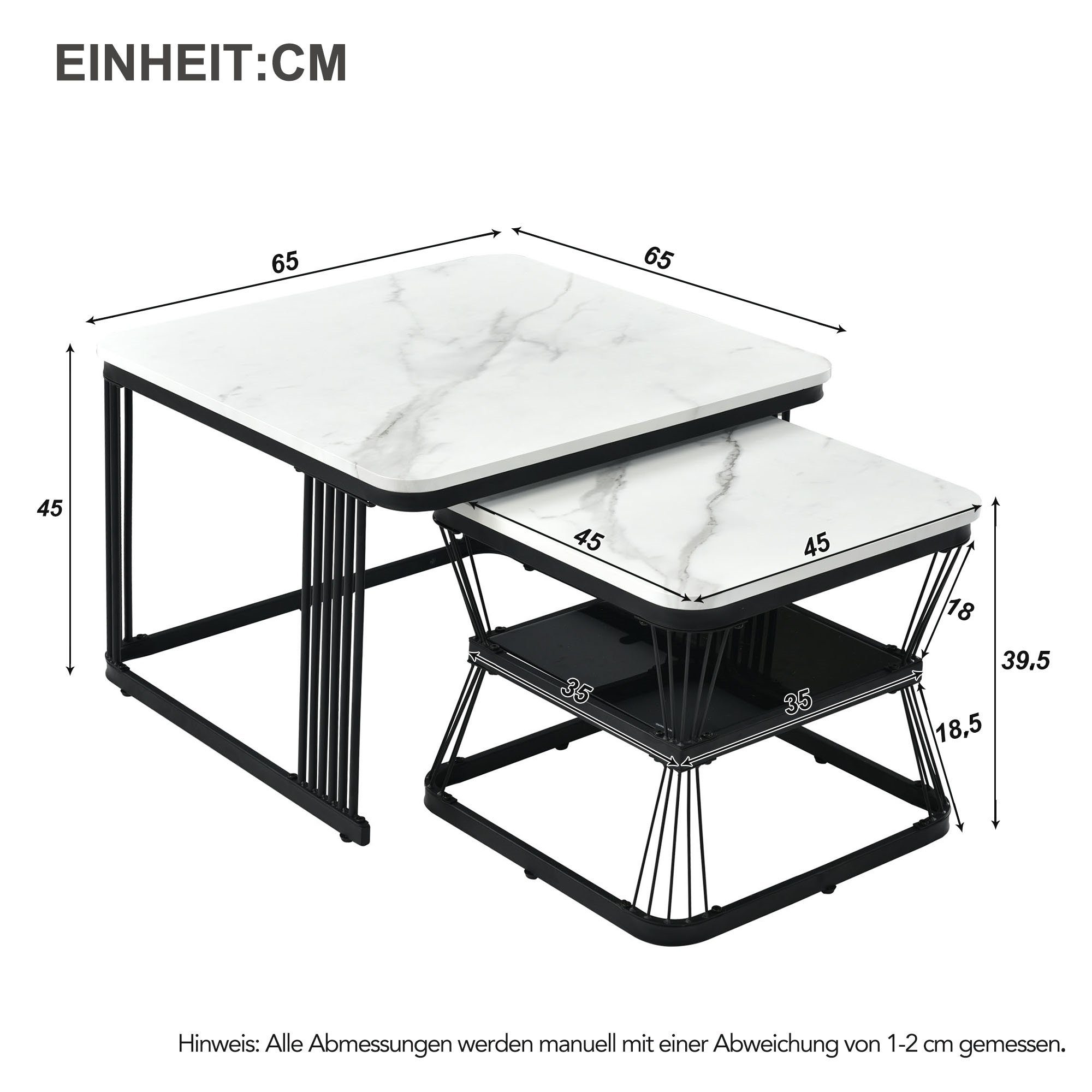 JOIVI Couchtisch Beistelltisch in Marmoroptik, Kaffeetisch mit schwarz matt Stahlrohre (2er Set Tisch, 2er-Set), Wohnzimmertisch mit Stapelbarem Design