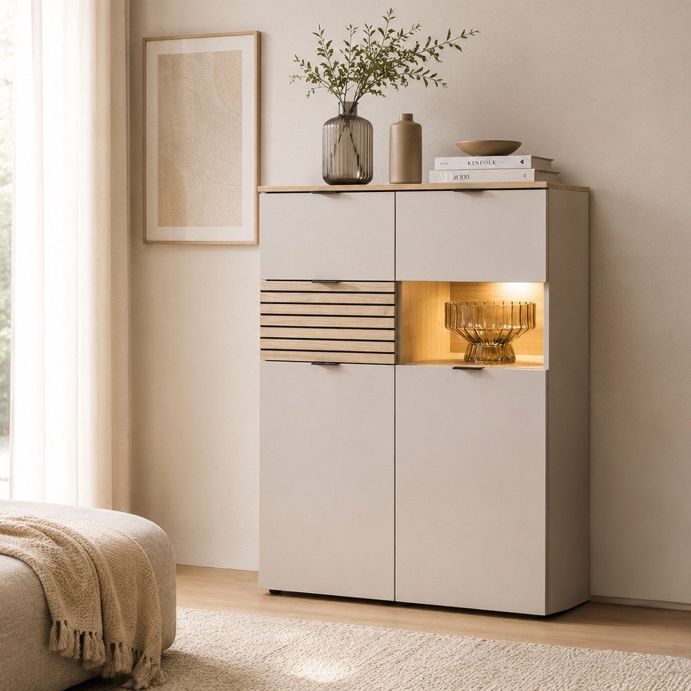 Lomadox Highboard ISCHIA-36, inkl. LED Beleuchtung, Beige mit Eiche, 84 cm breit, Softclose