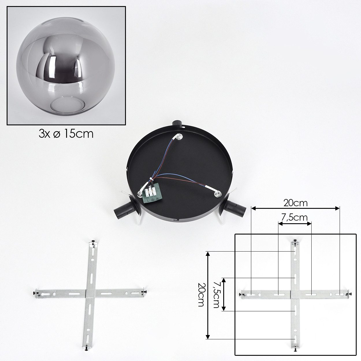 hofstein Deckenleuchte Deckenlampe aus Metall/Glas in Schwarz/Rauchfarben, 3 x E14, ohne Leuchtmittel, verstellbare Deckenleuchte im Retro/Vintage-Design (Schir – Bild 5 von 5