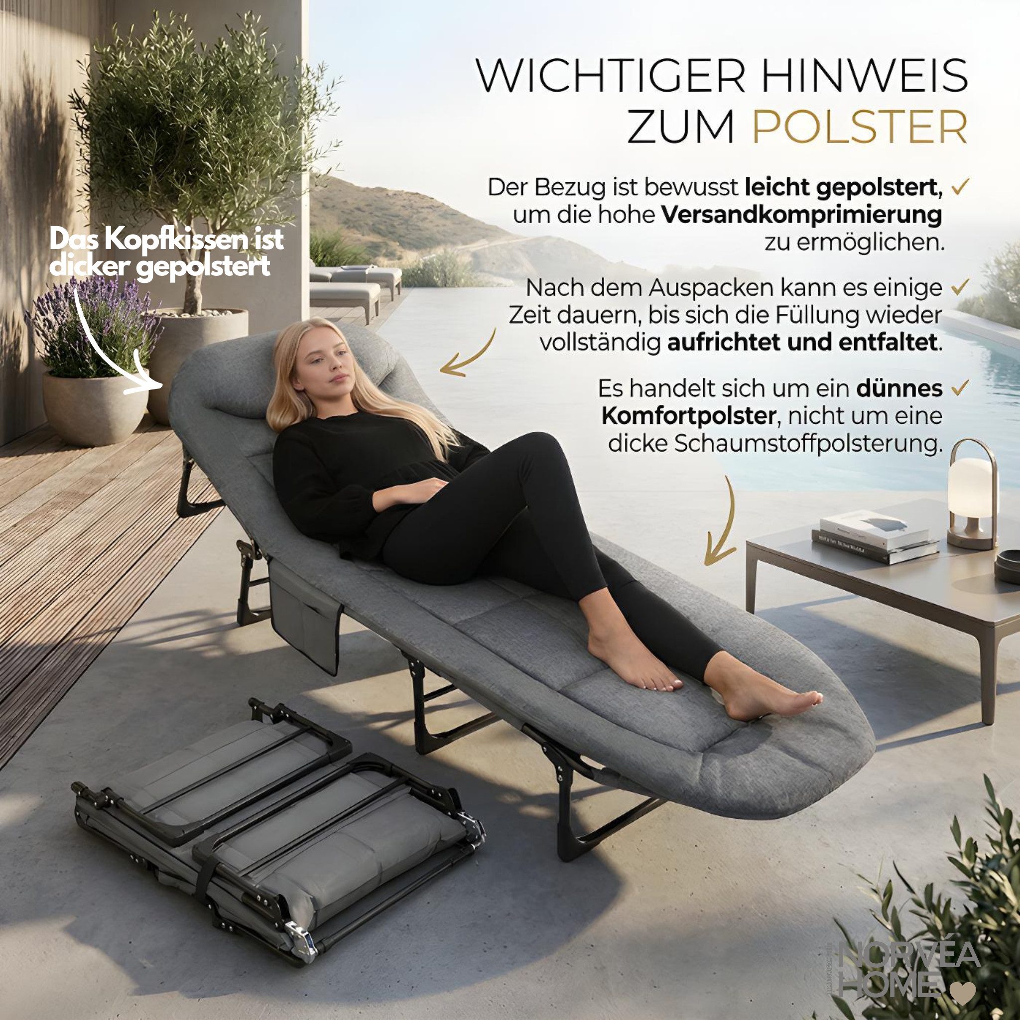 Norvéa Home Relaxliege Klappbare Gartenliege Relaxliege 191x68 cm mit Kissen 200 kg, 6-fach verstellbar, faltbar, bis 200 kg, mit Kissen