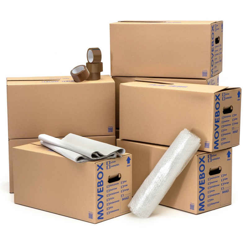 KK Verpackungen Aufbewahrungsbox (Komplett-Set, 25 Umzugskartons zweiwellig + 1 kg Packseide + 1 Rolle 0,5 x 5 m Luftpolsterfolie + 1 Rolle 50 x 66 lfm Klebeband Braun)