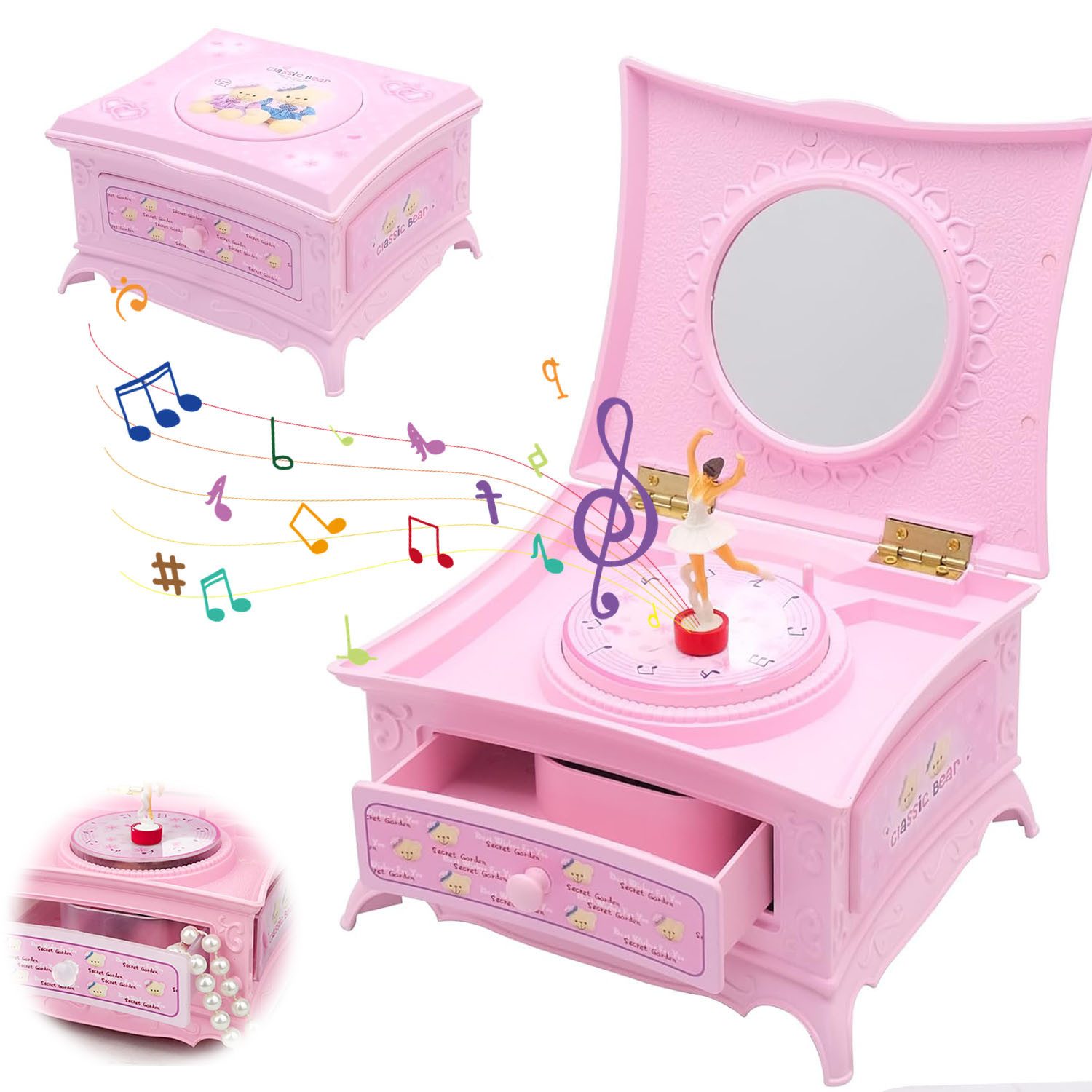 RWEUOQ Spieluhr Spieluhr mit Melodie, Klassische Spieluhr Schmuckaufbewahrung, (Ideal für Weihnachten und andere festliche Anlässe!, 1-tlg), Kinderschmuckkästchen mit Spiegel und Schublade, ideal für Mädchen