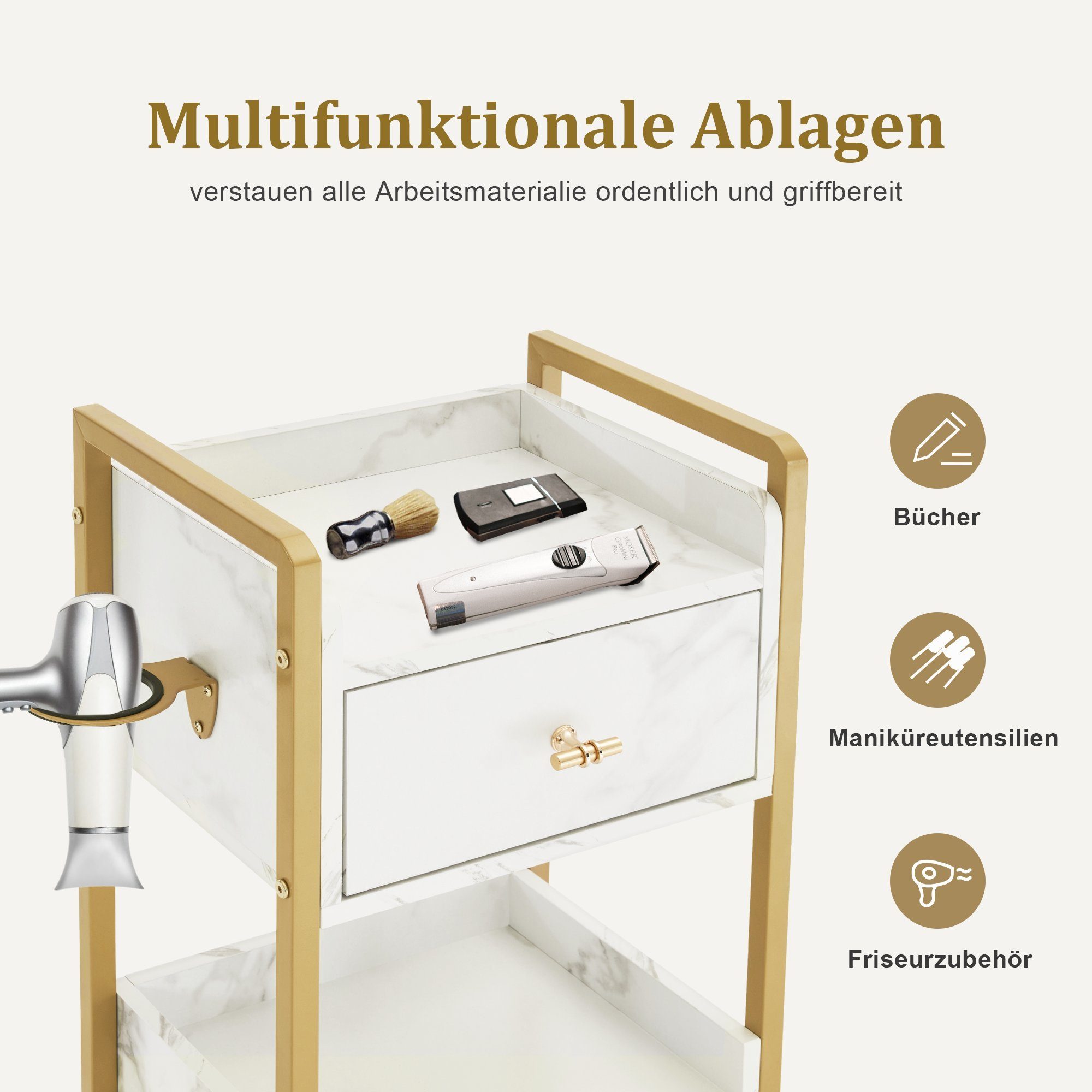 MCombo Servierwagen M MCombo Friseurwagen mit Rollen & 3 Schubladen, Servierwagen 0022, mit Rollen, 3 Schubladen, 2 Ablagen, Getränkehalter – Bild 5 von 5