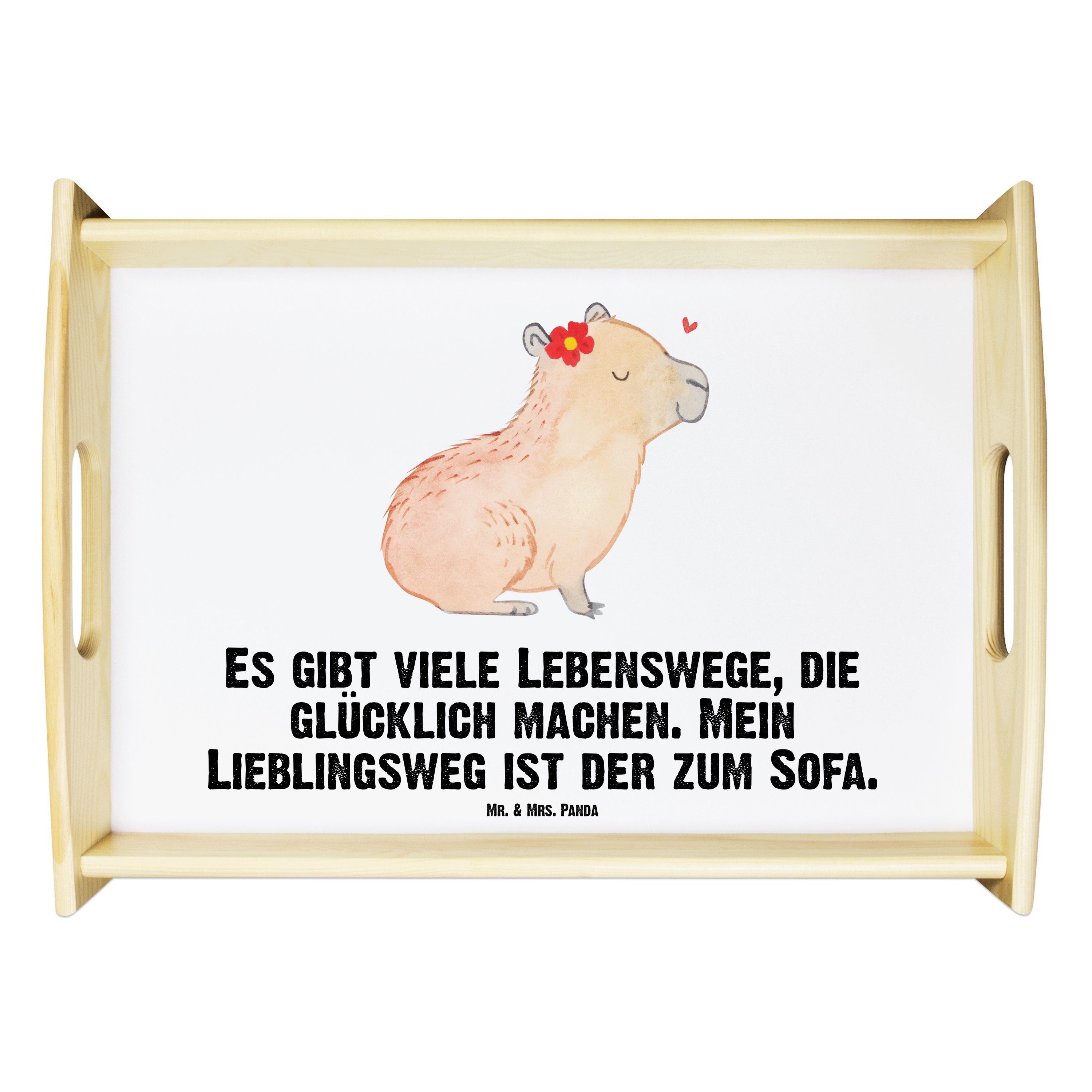 Mr. & Mrs. Panda Tablett Capybara Blume - Weiß - Geschenk, Gute Laune, Tablett, Frühstückstabl, Echtholz lasiert, (1-tlg)