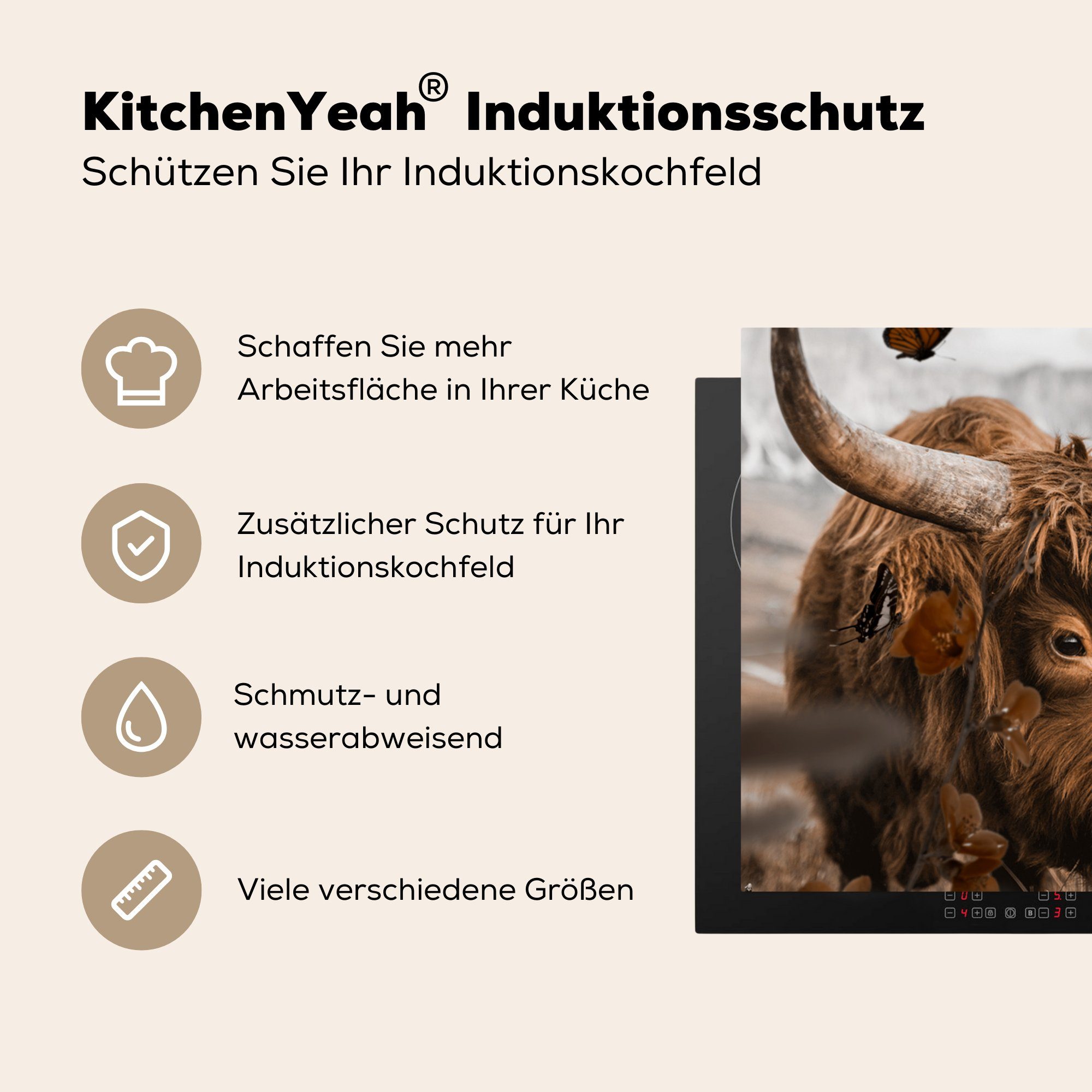 Tiere, küche MuchoWow für Ceranfeldabdeckung, Vinyl, Highlander - 78x78 tlg), Herdblende-/Abdeckplatte (1 Schottischer Arbeitsplatte Schmetterling cm, -