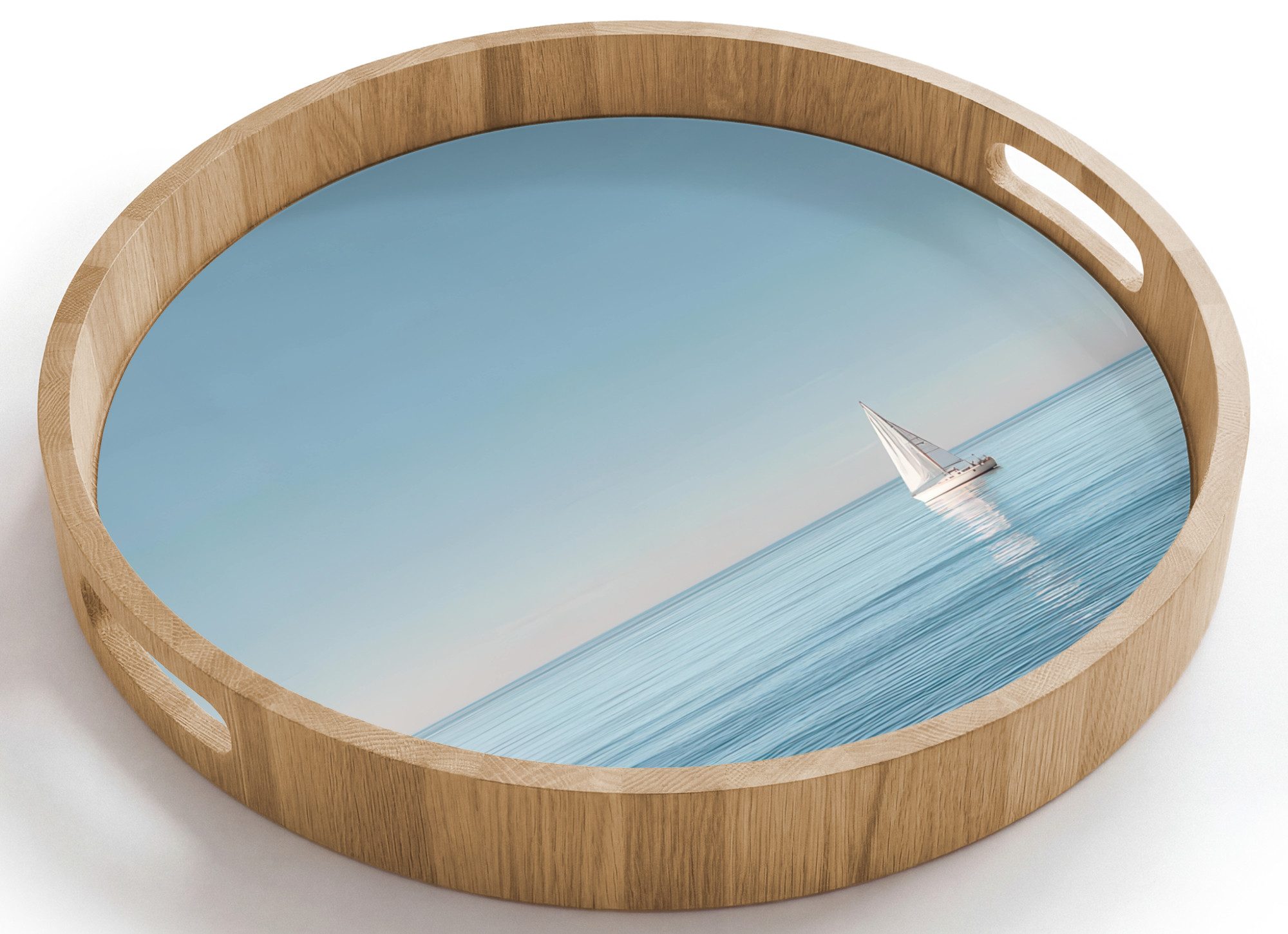 OnlyWow Tablett Rund mit Henkel Segelboot - Ruhige See - Strahlend blauer Himmel, Eichenholz, (1-tlg), Siervierplatte, Tray, Frühstücksbrett