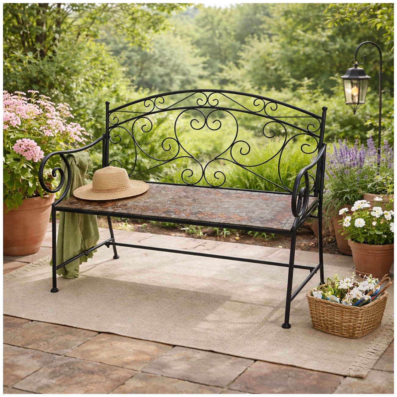 HTI-Living Gartenbank Metall mit Mosaik Sitzfläche Vintage Stil für Terrasse (1 Stück, 1 Gartenbank ohne Dekoration)