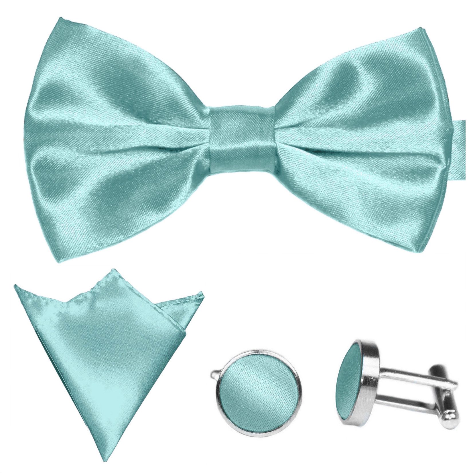 GASSANI Fliege Hochzeitsfliege, Herren-Schleife Kavalierstuch, Hochzeit Bräutigam (Set, 3-St., Manschettenknöpfe, mit Einstecktuch, Fliegenset) Uni, Seide-Touch-Finish, Vor-Gebunden Verstellbar