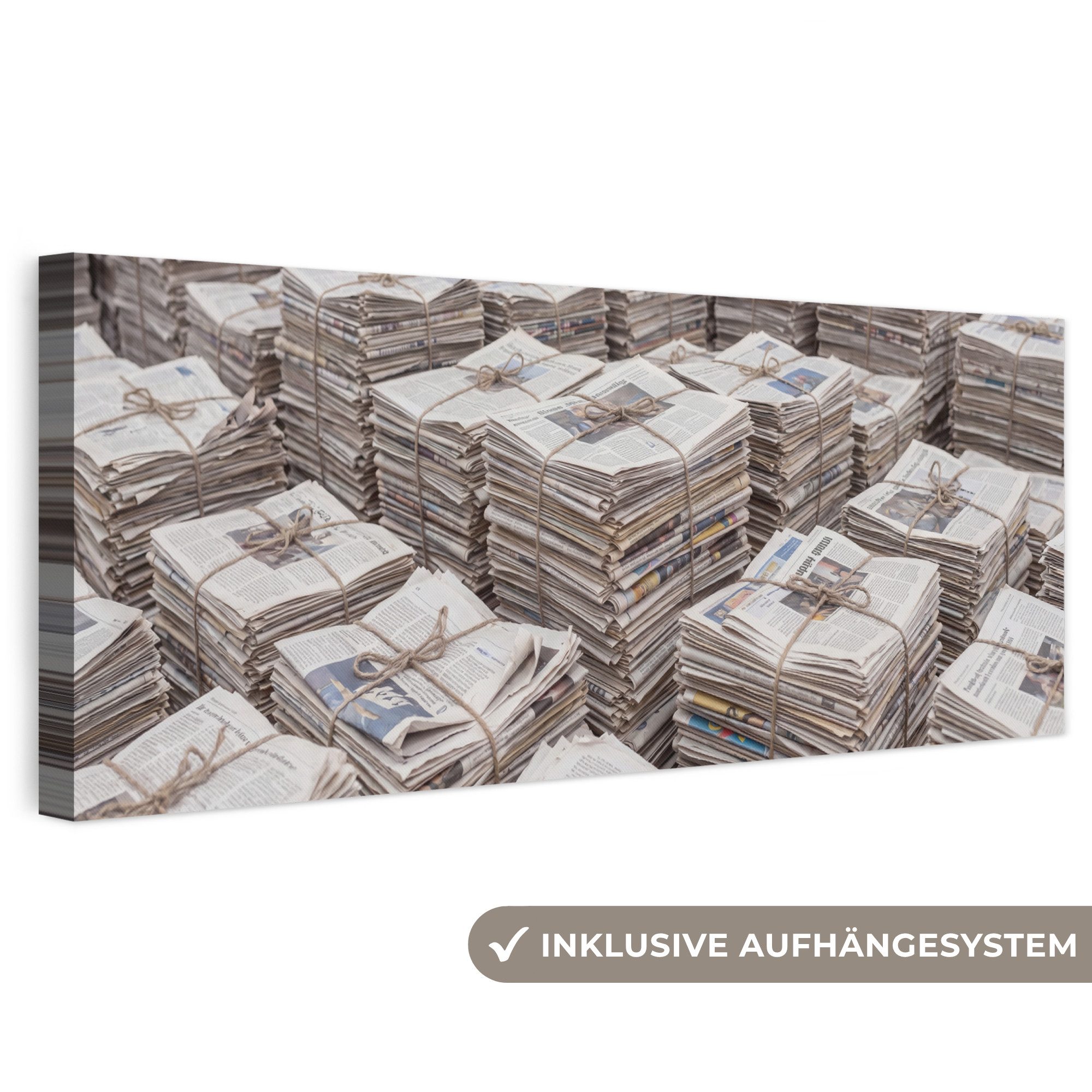 OneMillionCanvasses® Leinwandbild Panorama Zeitungen – Stapel – Seil – Informationen – Vintage, Fotodruck (1 St), Wandbild, Deko Schlafzimmer Wohnzimmer Flur 60x20 cm