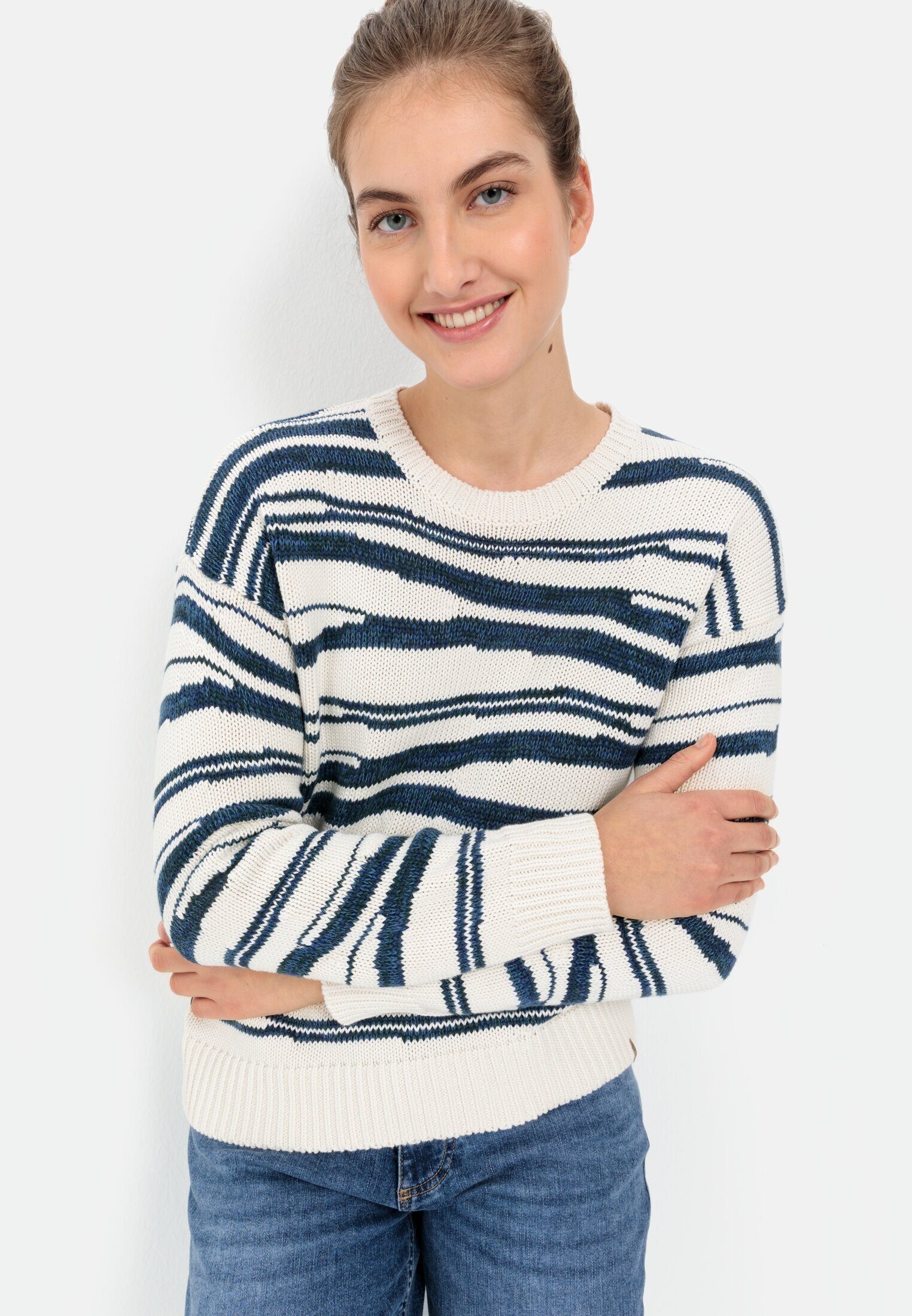 camel active Strickpullover aus reiner Baumwolle Langarm Markenlabel