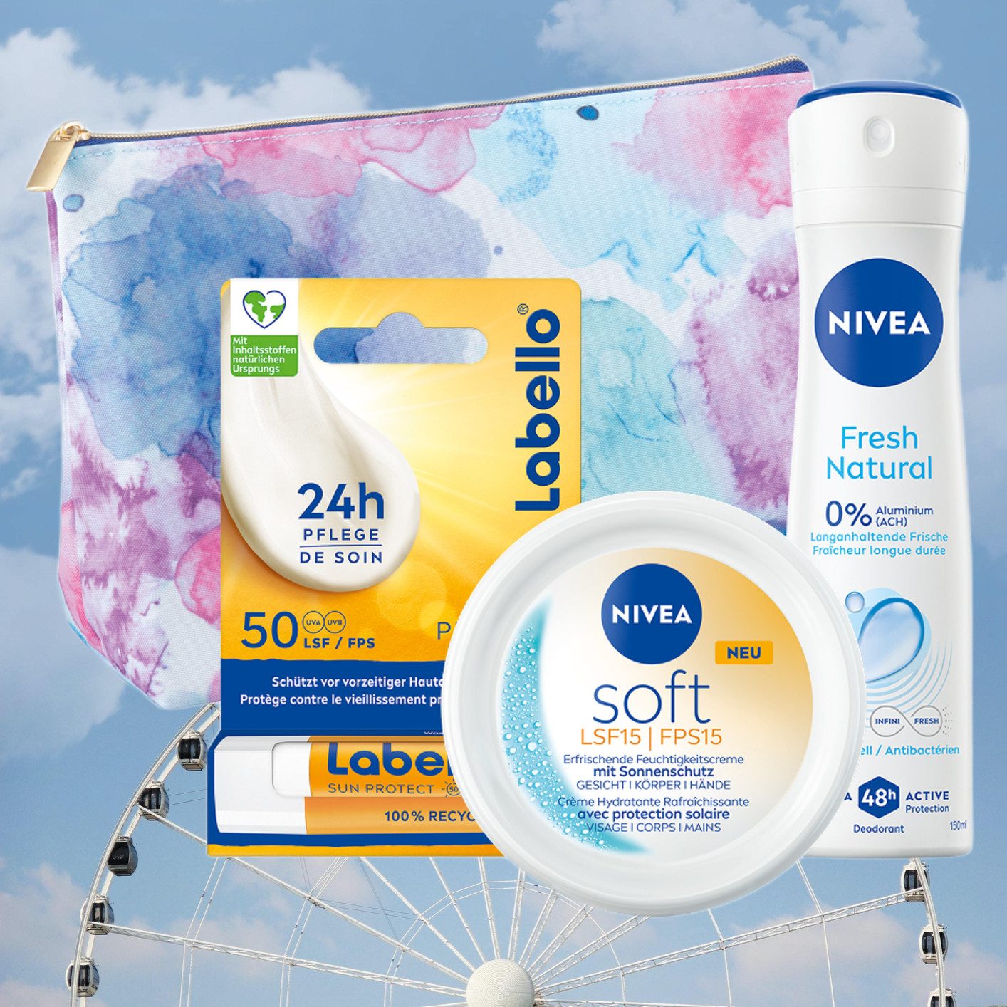 Nivea Feuchtigkeitspflege-Set Soft Festival SET Feuchtigkeitscreme Lippenpflege Deo Tasche Set, 4-tlg., Jojobaöl Sheabutter Shea Macadamia Öl