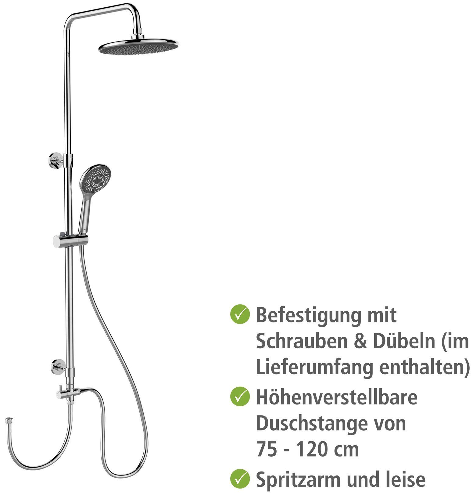 WENKO Duschsystem Watersaving, 3 Strahlart(en), Chrome, höhenverstellbare Duschstange von 75-120cm