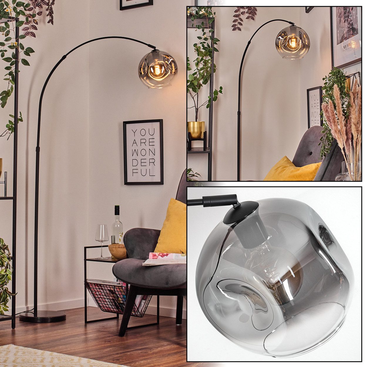 hofstein Bogenlampe Stehlampe aus Metall/Glas in Schwarz/Rauch/Klar mit Marmorfuß, verstellbare Leuchte im Retro-Design (Schirm Ø 20cm), Fußschalter, E27
