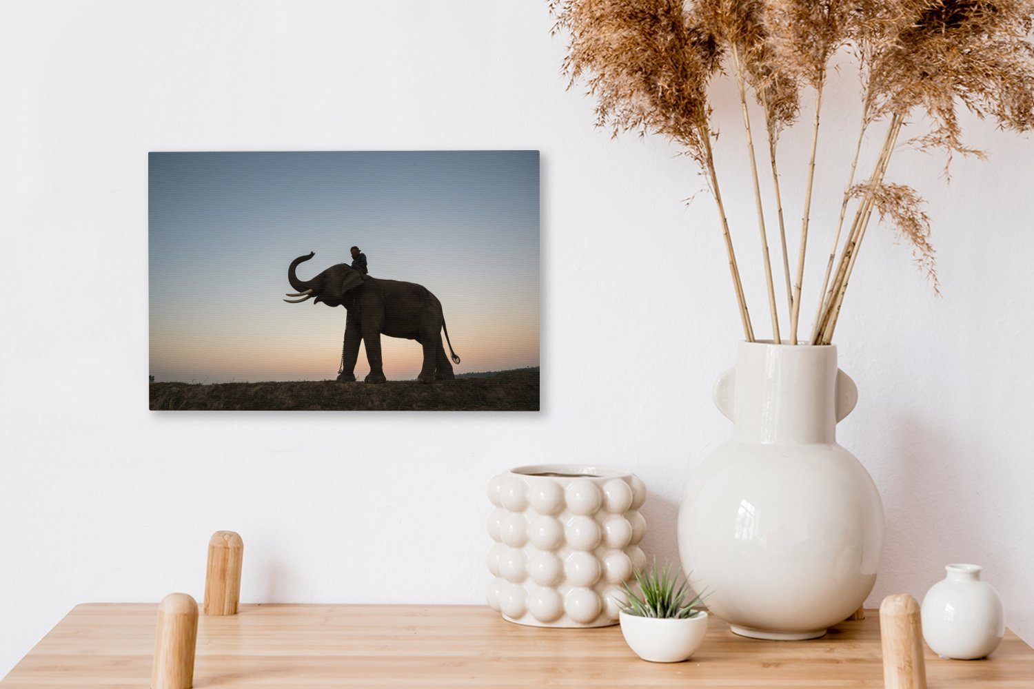 bunten Wanddeko, Aufhängefertig, St), Illustration 30x20 Sonnenuntergang, Wandbild Leinwandbilder, eines cm (1 Elefanten einem mit Leinwandbild OneMillionCanvasses®