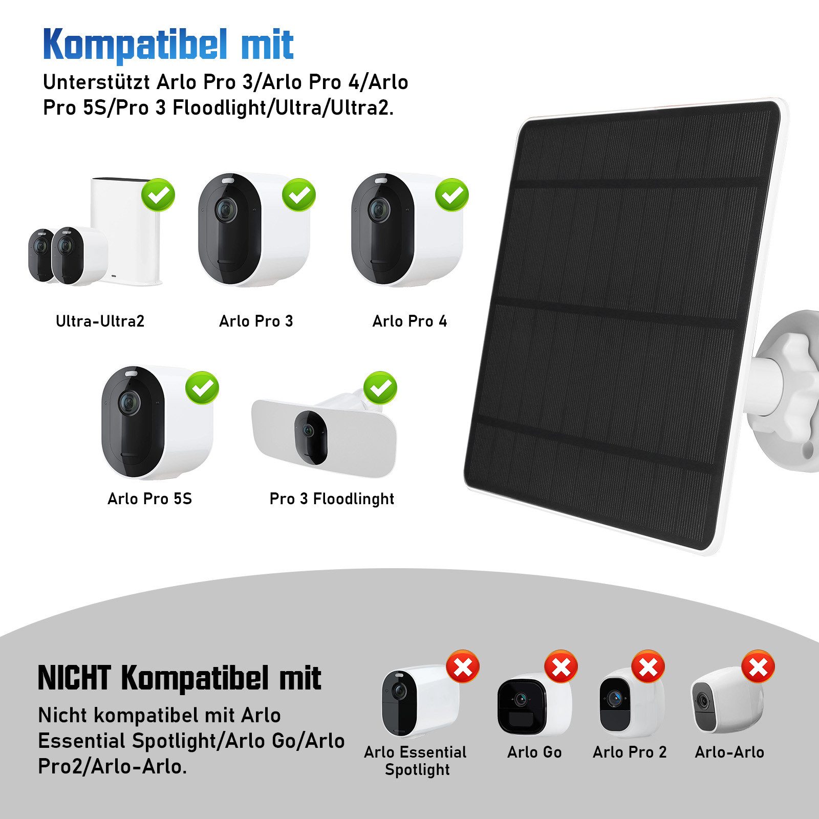 XERSEK Solarmodul 2er-Pack Solarpanel für Arlo Pro 3/4/5S/Ultra, Solarmodul, Solar Panel, (5W Mono-Panel, 3m Kabel, PET-Beschichtung, IP65, Verstellbar Halterung), IP65 Robustes Einfaches Solar Charger (Nicht für Kameras ohne Akku)