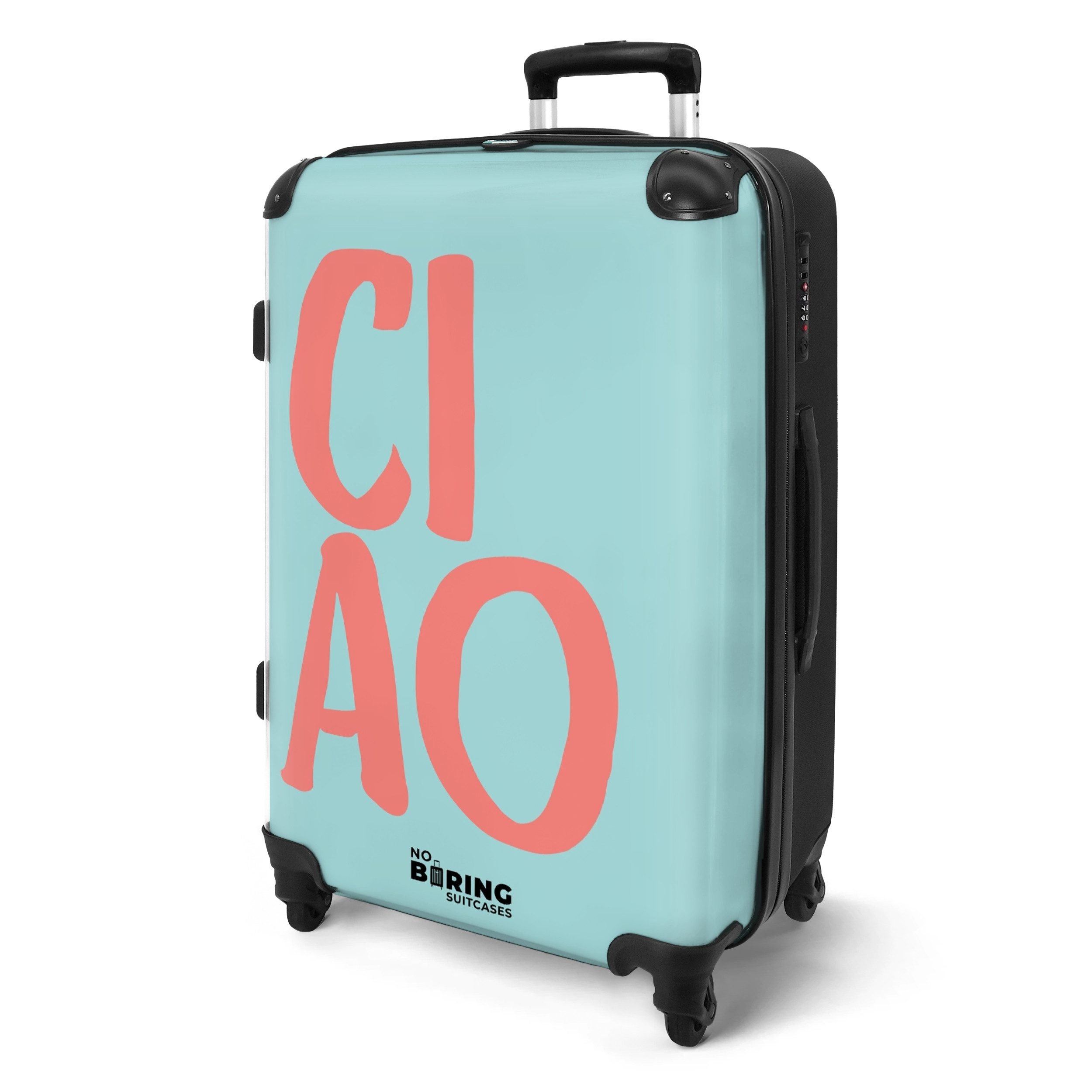 NoBoringSuitcases.com© Hartschalen-Trolley Blau mit rosa Zitat 'ciao' 67 cm günstig online kaufen