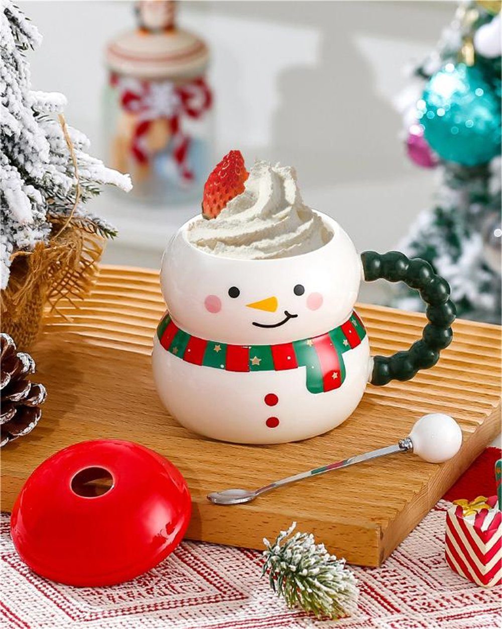 Rouemi Tasse Weihnachts-Keramikbecher, Weihnachtsbecher Geschenk mit Deckel Löffel weiß