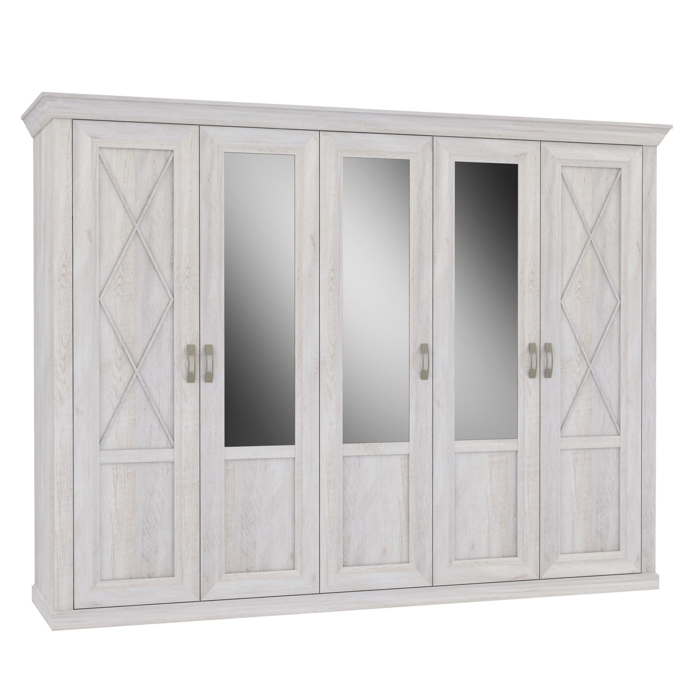 freiraum Drehtürenschrank KASHMIR 5 Türen, 6 Böden, Spiegel, in Pinie Weiss - 268,3x204,9x65cm (BxHxT)