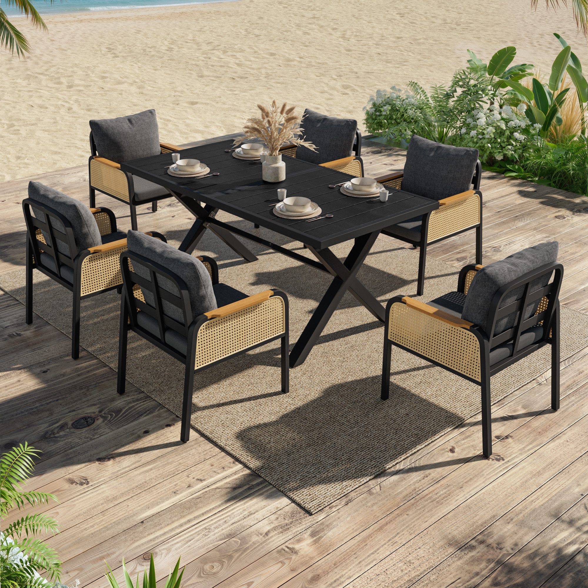Celya Garten-Essgruppe Modernes Outdoor-Sofa-Set, Freizeit- und Besprechungsset, (Inklusive Sitzkissen), für mehrere Personen, Eisengestell, Geflochtene Armlehnen