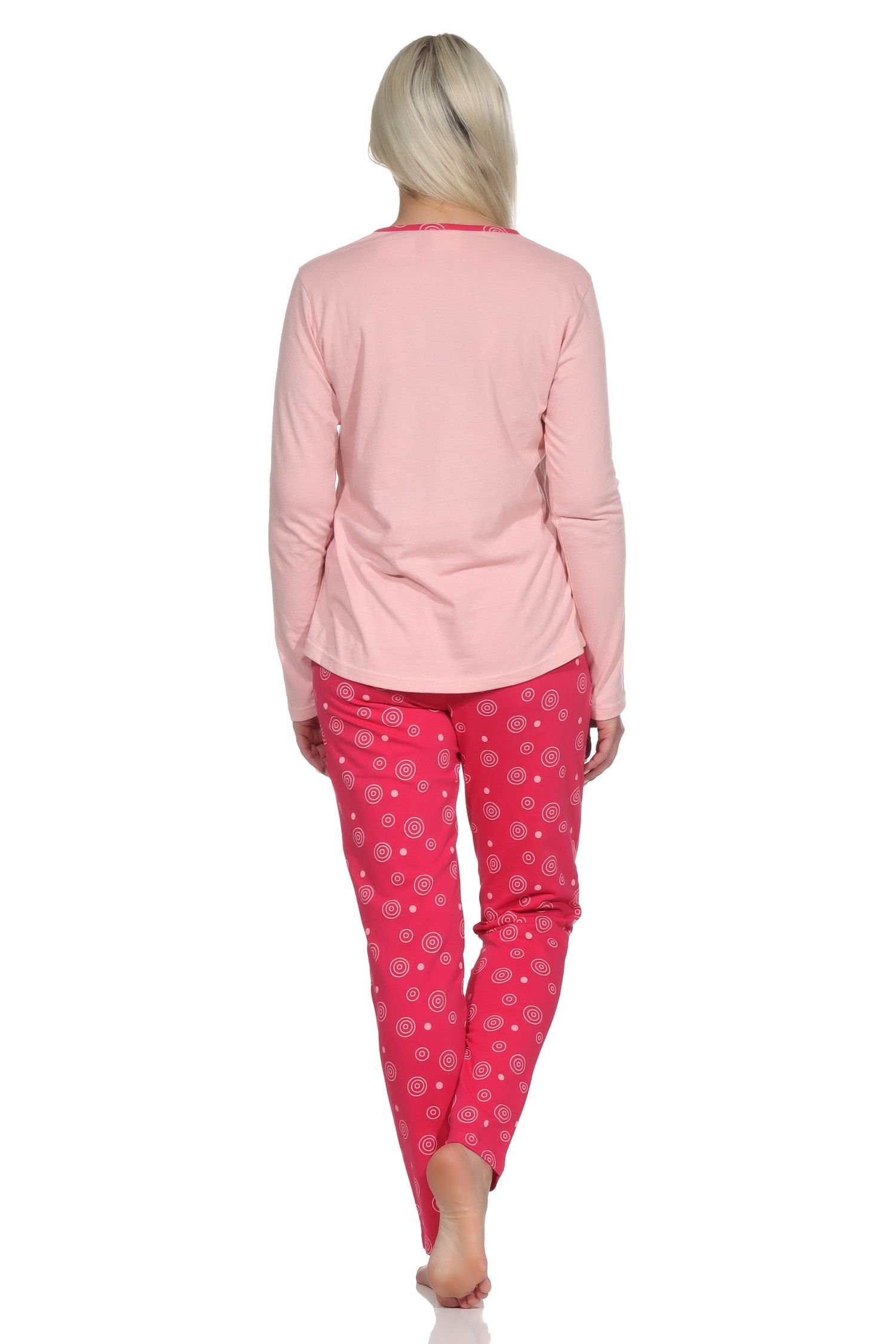 Schlafanzug Damen Normann mit Pyjama Rundhals niedlichem rosa und Langer Eulen-Motiv